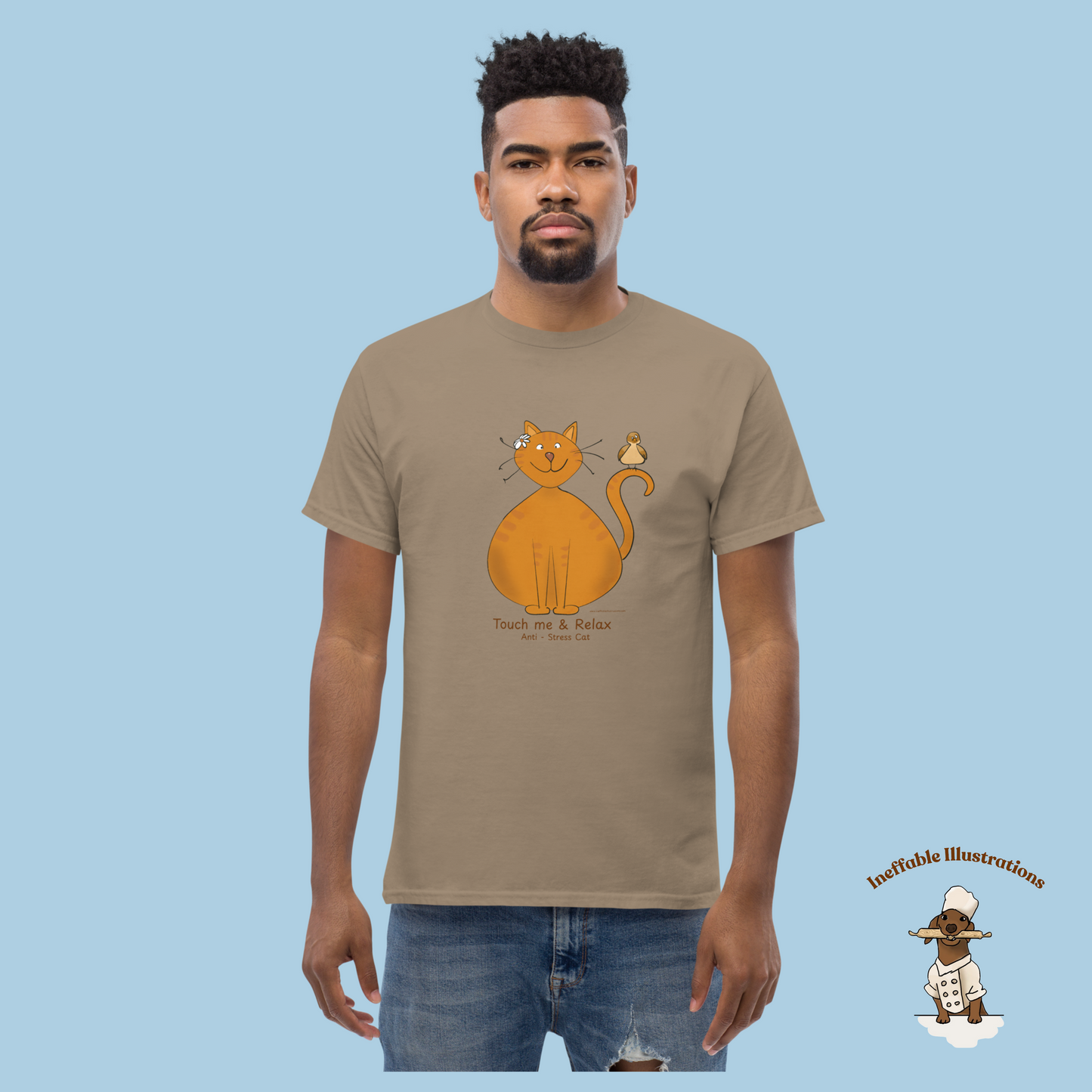 Funny Ginger Cat T-Shirt – Hand-Drawn Anti-Stress Cat with Relaxed Bird & “Touch Me & Relax” | Unisex 100% Cotton Classic Tee, Trendy Streetwear - Ineffable Illustrations