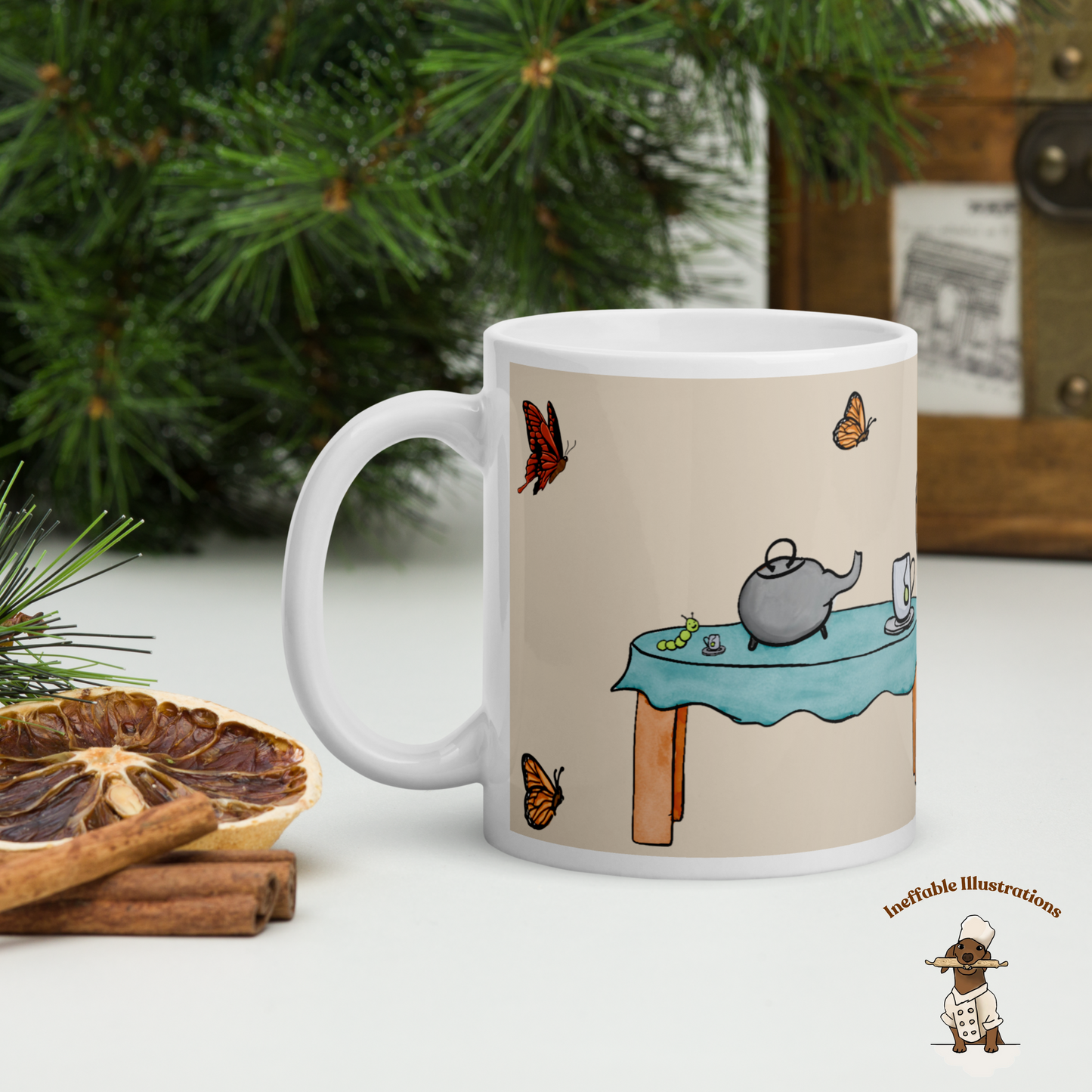 Capybara Mug - White Glossy Tea Cup with Jolly Capybara, Caterpillar & Butterflies, Cute Animal Coffee Mug, Gift for Animal Lovers - Ineffable Illustrations
