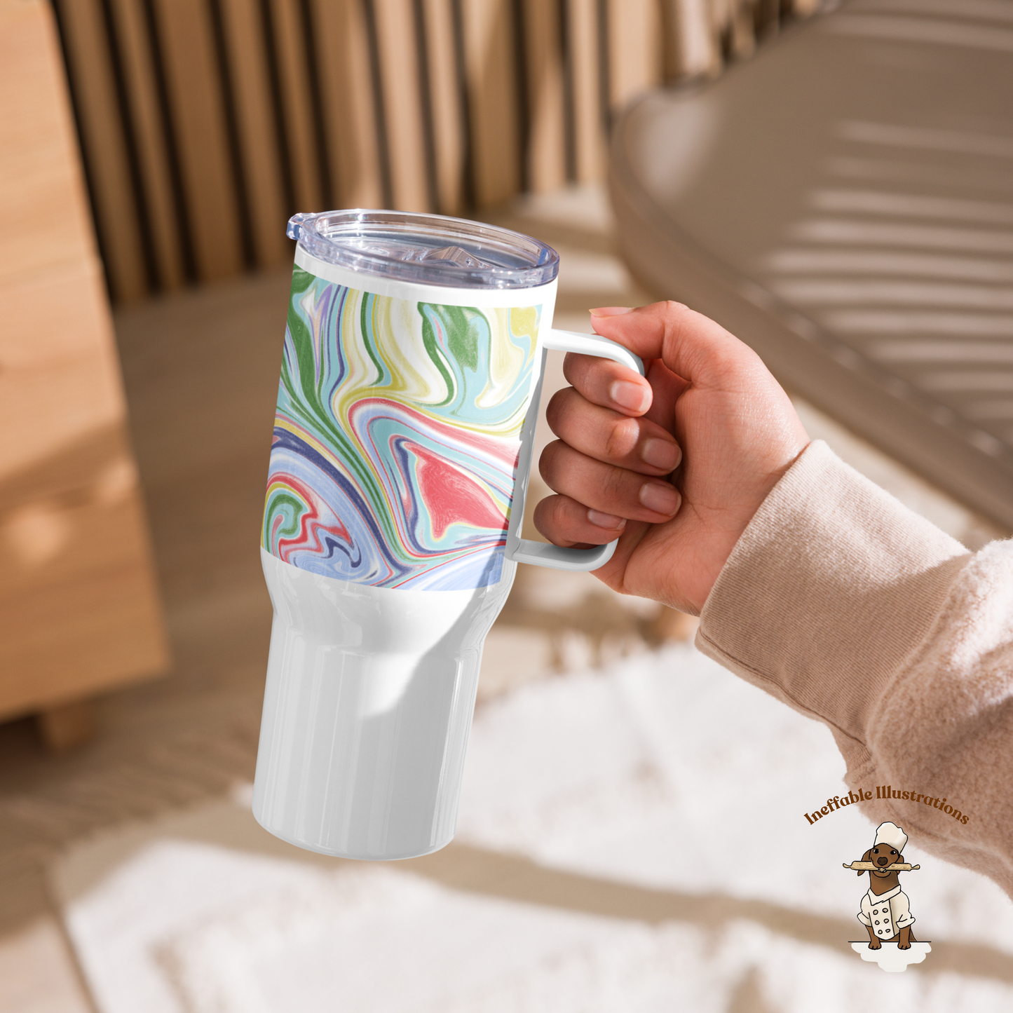 Travel Mug with Handle - Colorful Abstract Ornaments, Insulated Coffee Cup, Perfect for On-the-Go, Unique Gift for Travelers - Ineffable Illustrations
