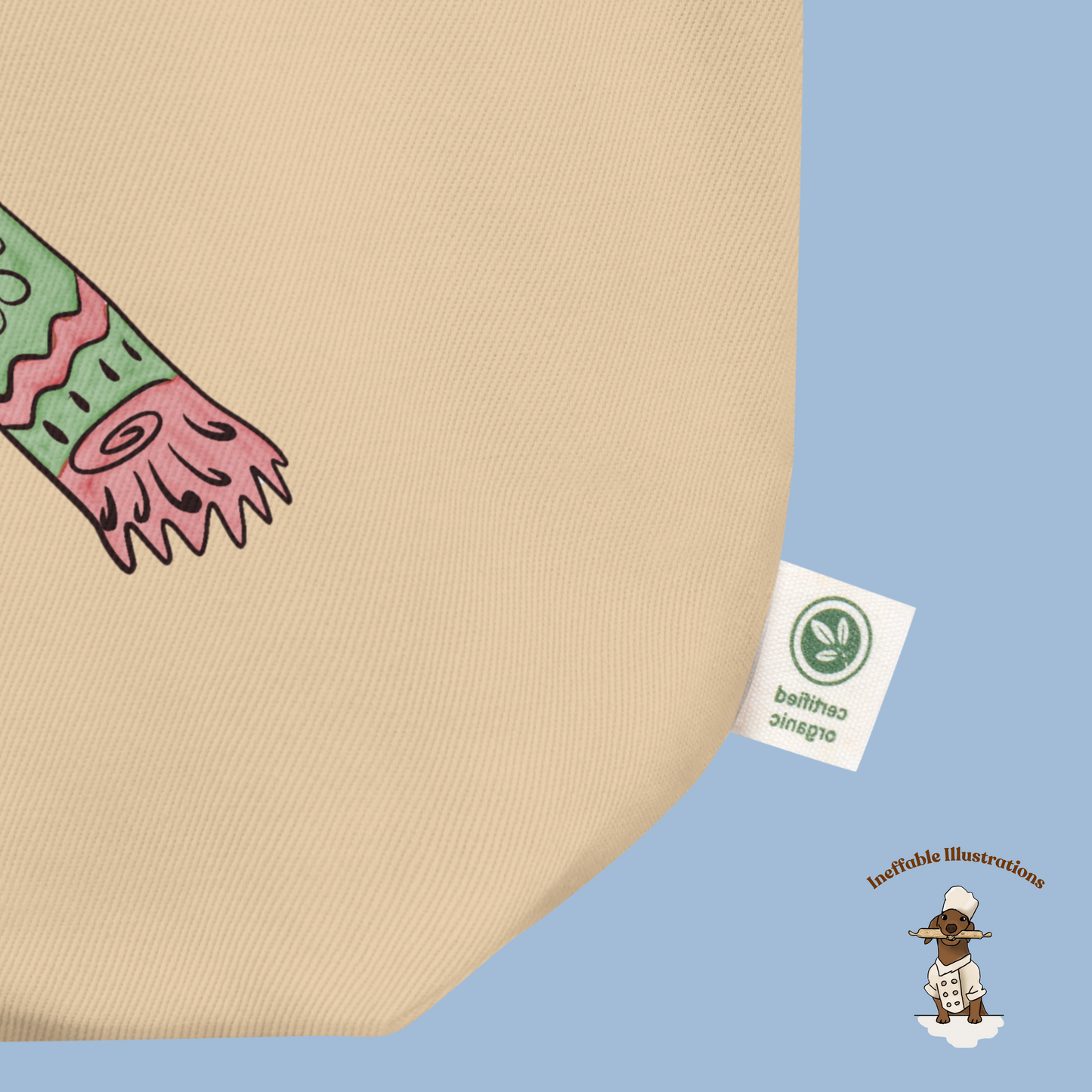 Eco Tote Bag with Cute Dachshund Oliver, Yarn, Knitting Needles and Knitted Scarf, Perfect for Dog Lovers & Crafters, Reusable Shopping Tote - Ineffable Illustrations