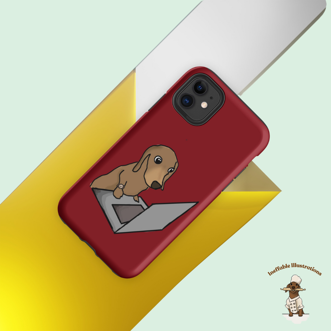 IPhone case. Dark Red Tough Case for iPhone® with Cute Dachshund Dog Oliver - Hand-Drawn Design, Pet Lover Gift, Unique Phone Accessory - Ineffable Illustrations