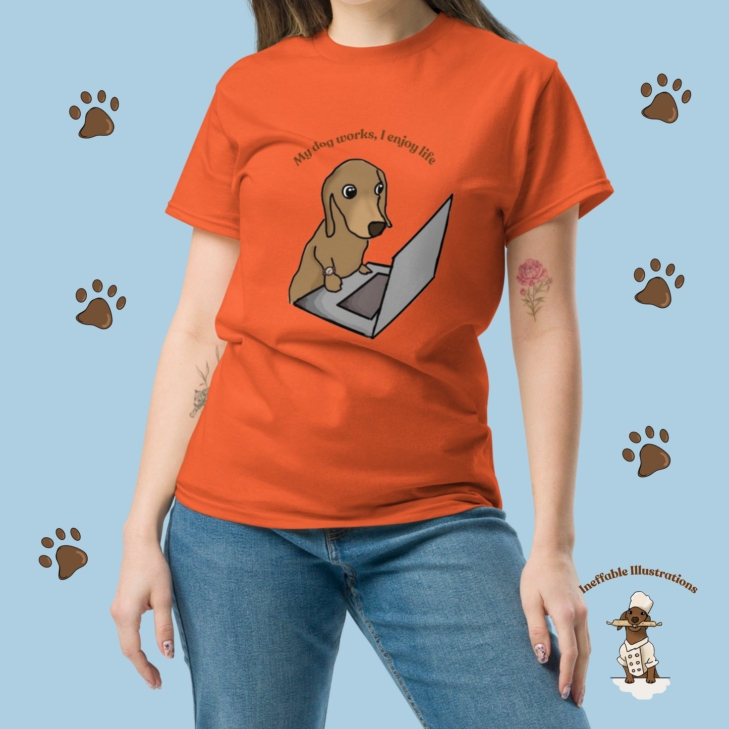 Shirt "Oliver works, I enjoy life". Funny Dog Illustration Tee | Hand-drawn Design | Trendy 100% Cotton Shirt - Ineffable Illustrations