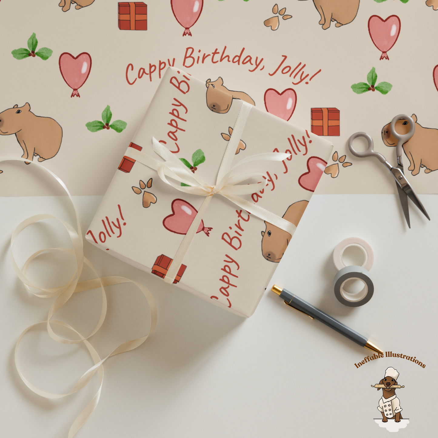 Personalized Capybara Wrapping Paper Sheets, Cute Gift Wrap for Birthdays & Holidays, Fun Decor for Festive Gifts - Ineffable Illustrations