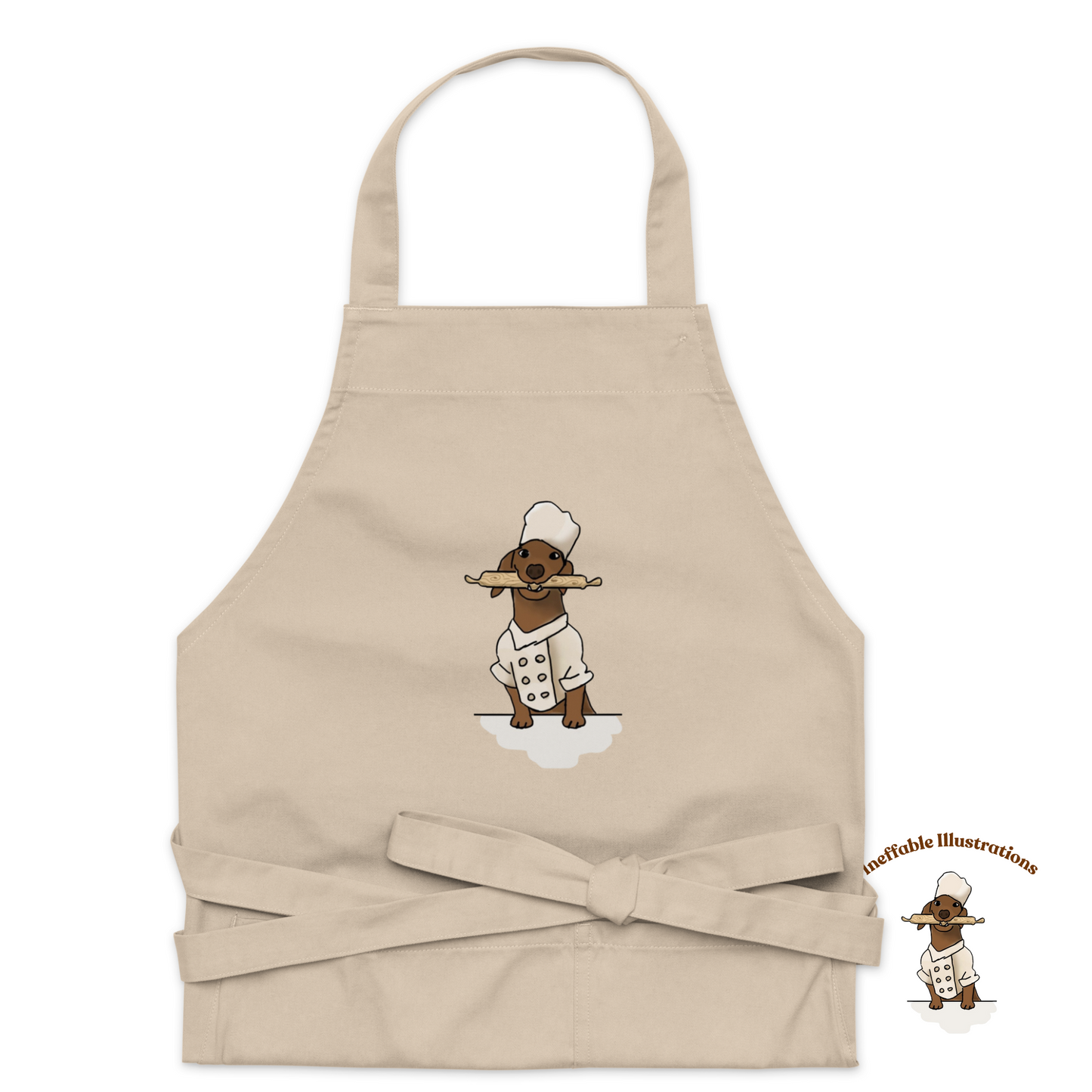 Organic cotton apron with the cute image of sausage dog chef - Ineffable Illustrations