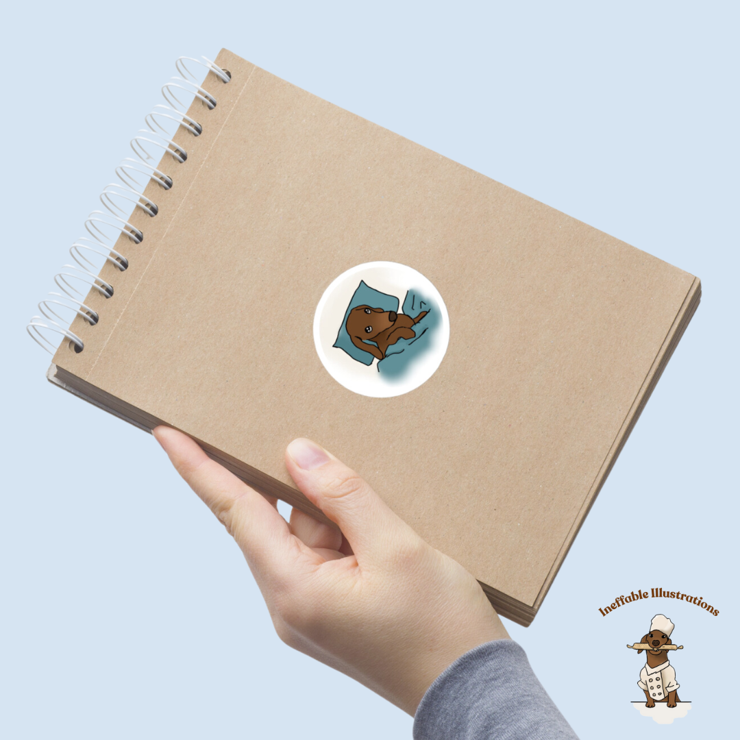 Sticker: Sleepy and lazy dachshund Oliver. Cute Dachshund Design, Lazy Dog Lovers Gift, Funny Pet Decal, Waterproof Vinyl Art - Ineffable Illustrations