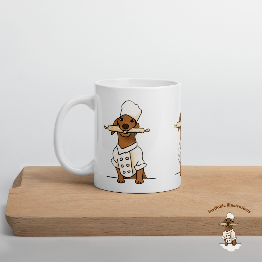 Mug "Oliver cooking". Sausage Dog Chef Mug, Cute White Glossy Coffee Cup, Adorable Dachshund Gift, Dog Lover's Kitchen Decor & Accessories - Ineffable Illustrations