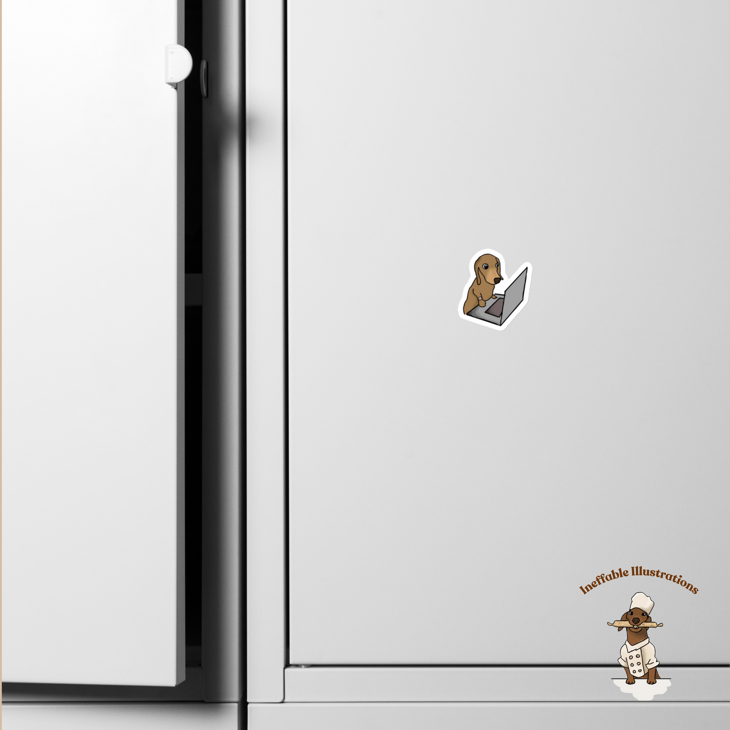 Magnet. Dachshund Magnet: Cute Oliver Dog with Computer, Adorable Gift for Dog Lovers, Funny Home Office Decor, Pet Lover's Fridge Magnet - Ineffable Illustrations