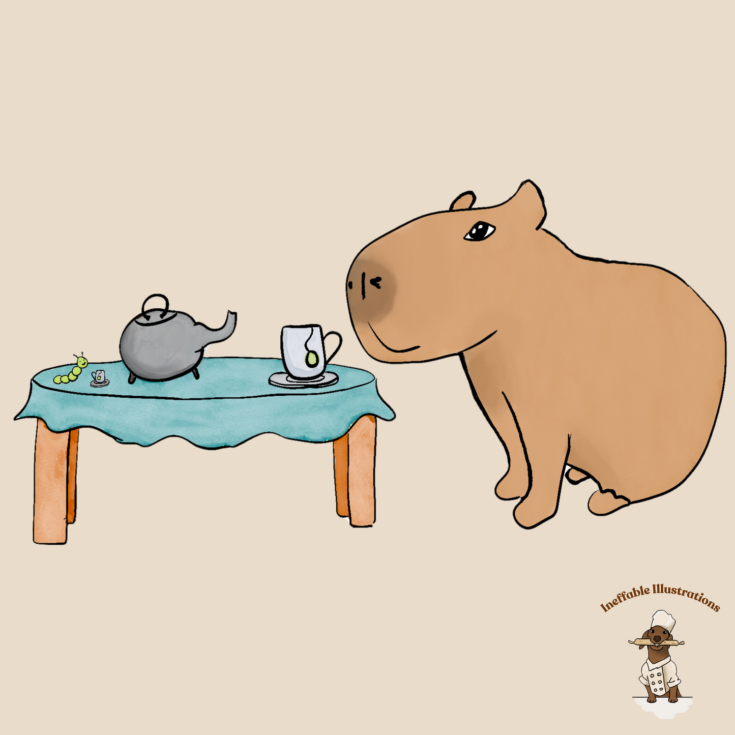 Organic Cotton Apron with Cute Capybara Drinking Tea with Caterpillar - Hand Drawn Illustration, Eco-Friendly Kitchen Accessory - Ineffable Illustrations