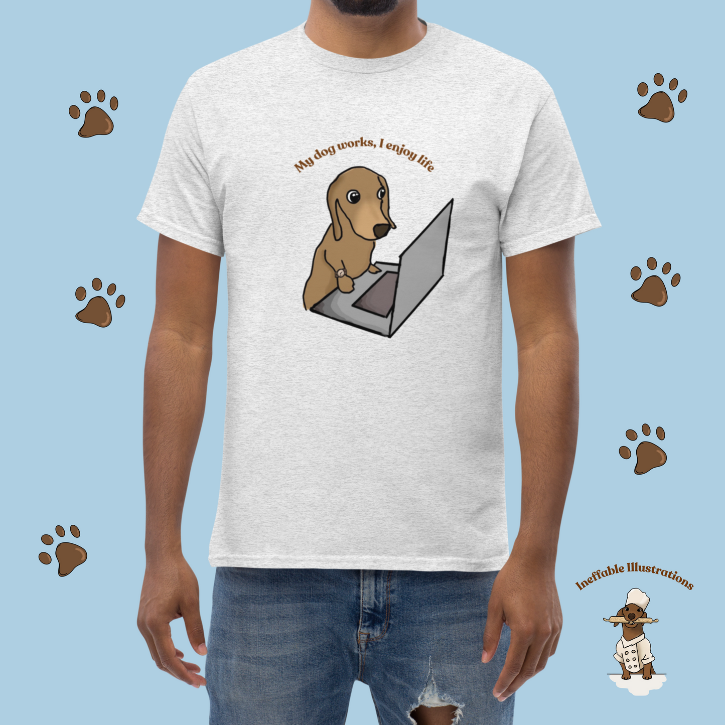 Shirt "Oliver works, I enjoy life". Funny Dog Illustration Tee | Hand-drawn Design | Trendy 100% Cotton Shirt - Ineffable Illustrations