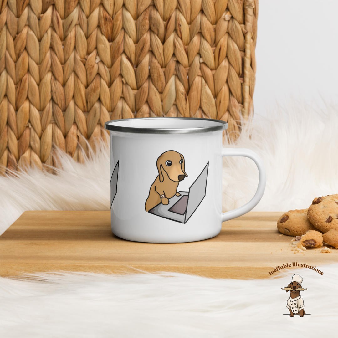 Mug. Enamal Mug "Oliver working on Computer". Cute sausage dog Enamel Mug. Dachshund lover gift - Ineffable Illustrations