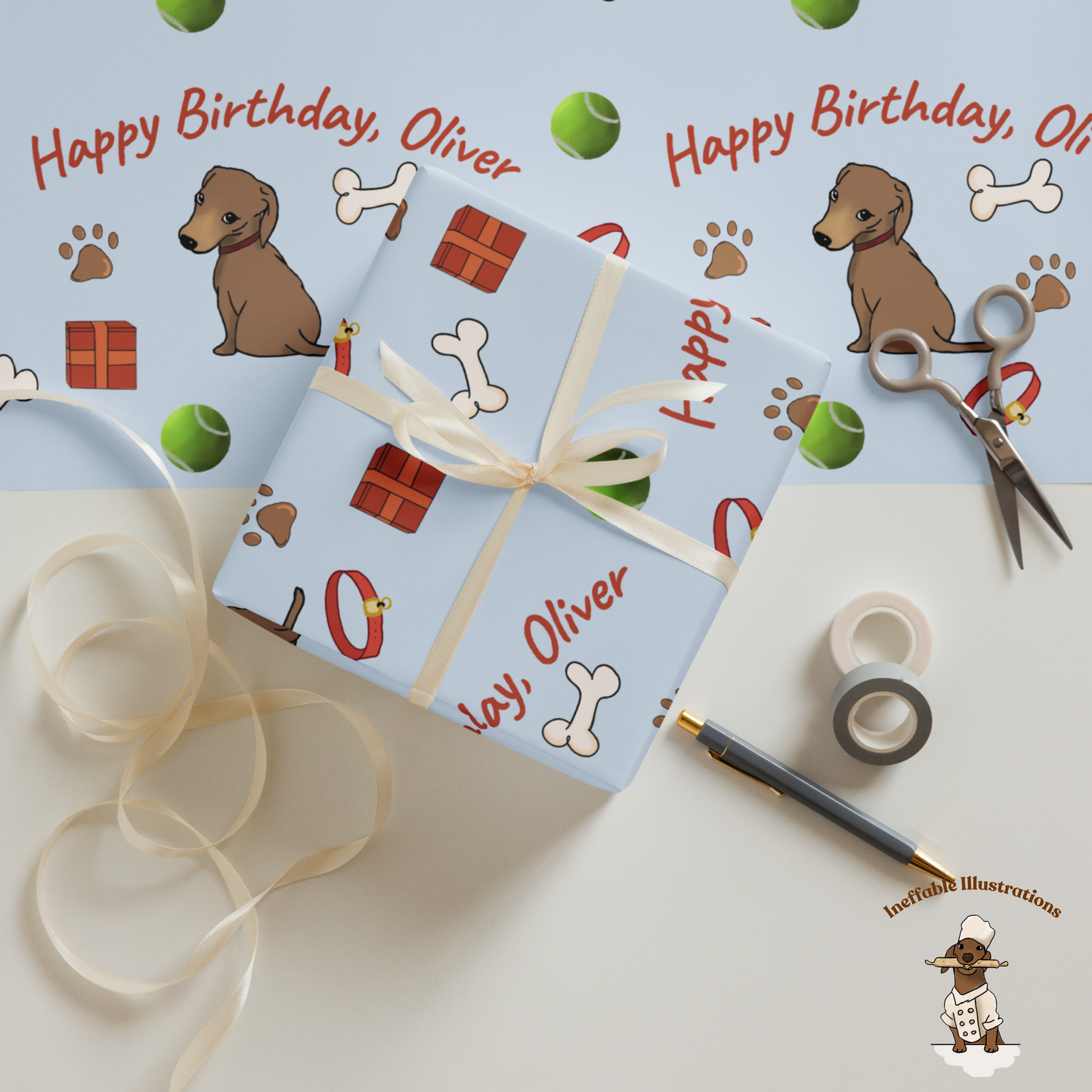 Personalized Dachshund Wrapping Paper - Festive Gift Wrap for Dog Lovers & Pet Parents - Cute Birthday Gift Wrap Sheets - Ineffable Illustrations