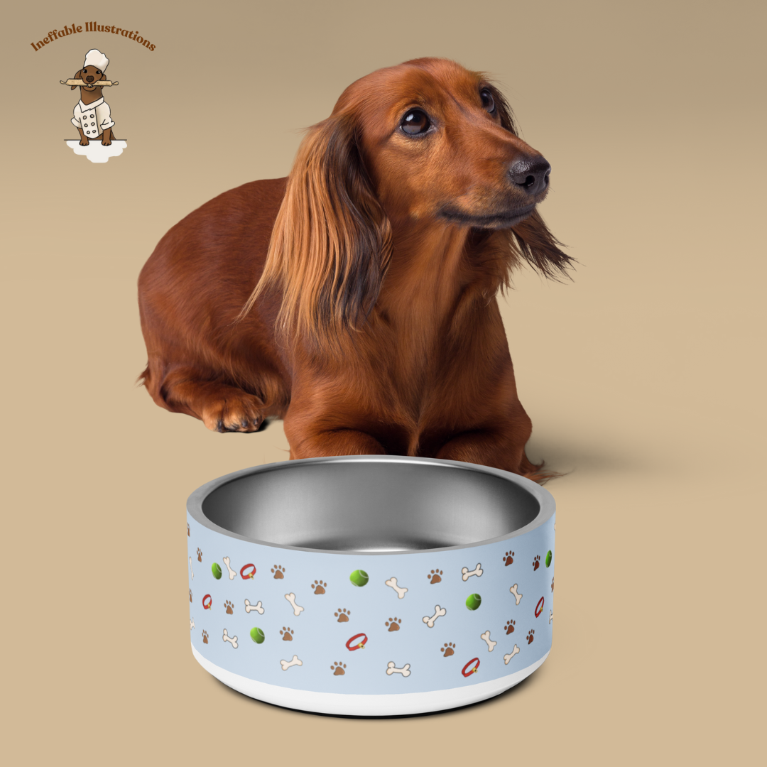 Pet Bowl. Dachshund Oliver had a lot of fun and left his things on the Pet bowl for your dog. Pet bowl illustrated by hand. - Ineffable Illustrations