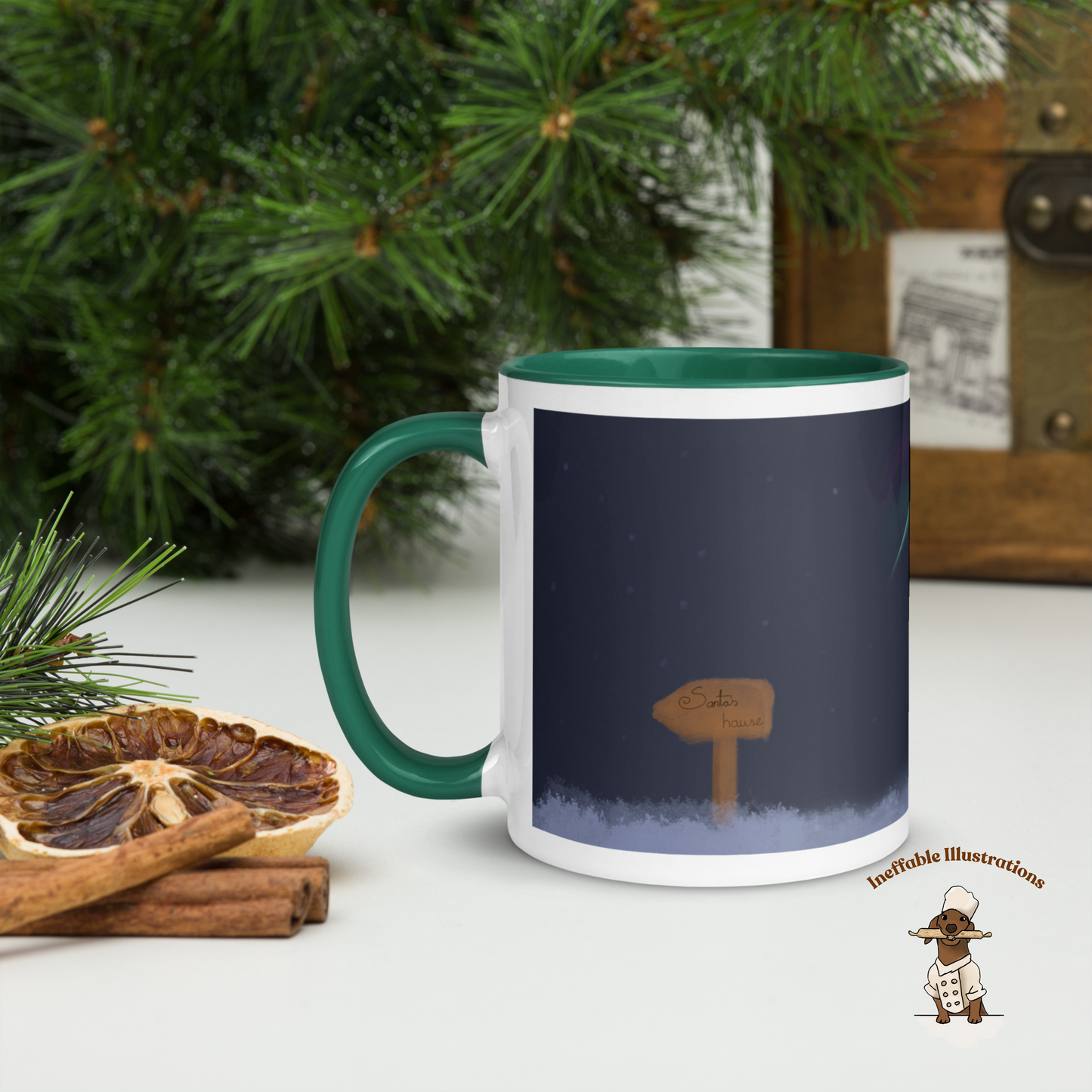 Christmas Mug. Magic Christmas Mug with Little Girl Molly & dachshund Oliver Watching Northern Lights | Cozy Holiday Gift, Colored Inside. Drawn by hand - Ineffable Illustrations