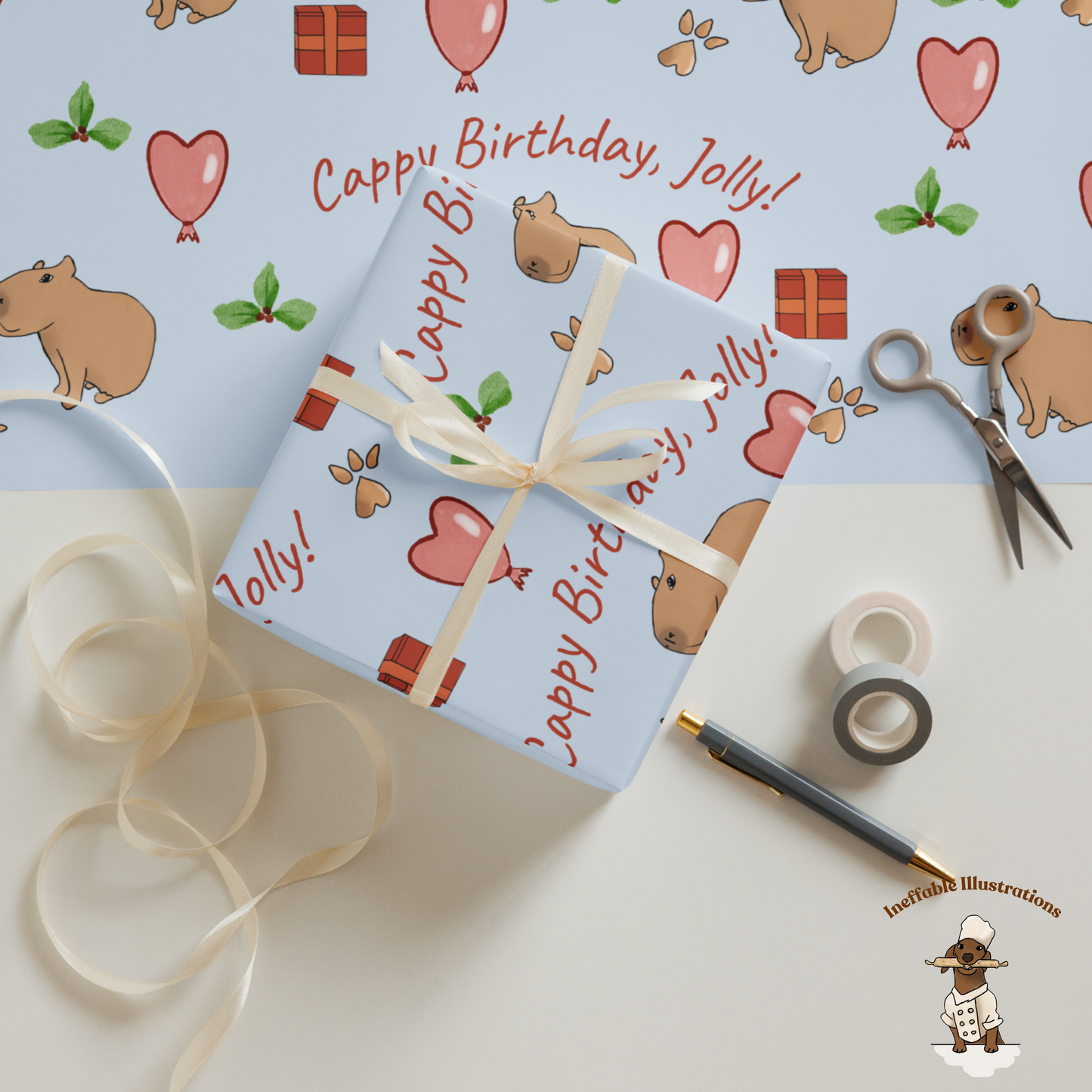 Personalized Capybara Wrapping Paper Sheets, Cute Gift Wrap for Birthdays & Holidays, Fun Decor for Festive Gifts - Ineffable Illustrations