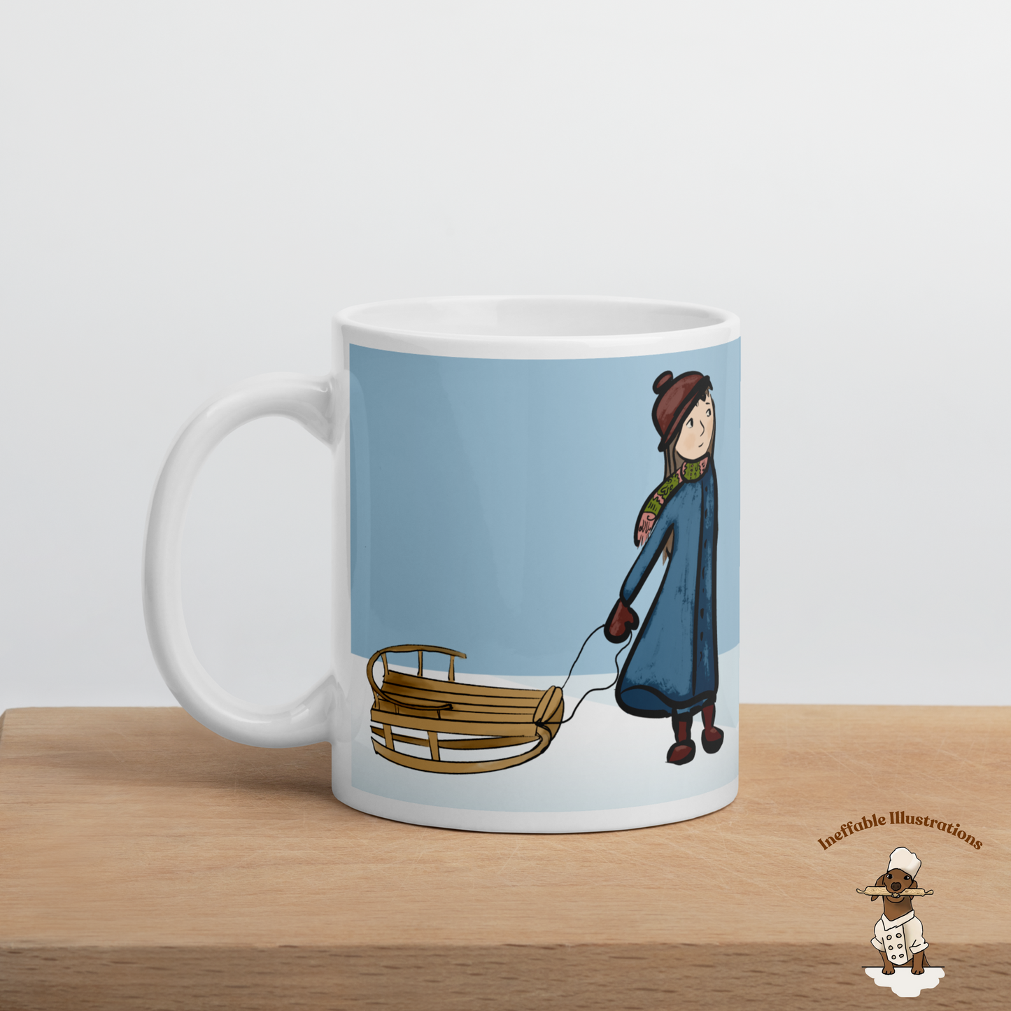 White Glossy Mug with Cute Little Girl Molly & Sleigh on Snow – Hand Drawn Winter Coffee Mup Gift - Ineffable Illustrations