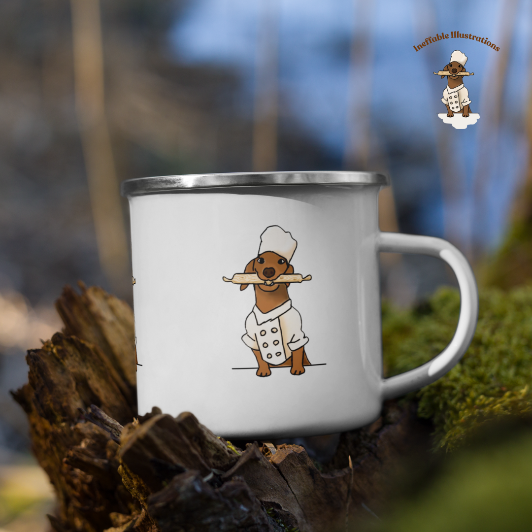 Mug. Enamel Mug "Oliver cooking". Cute Sausage Dog Chef Mug for Cooking & Coffee Lovers, Unique Gift for Dog Owners - Ineffable Illustrations