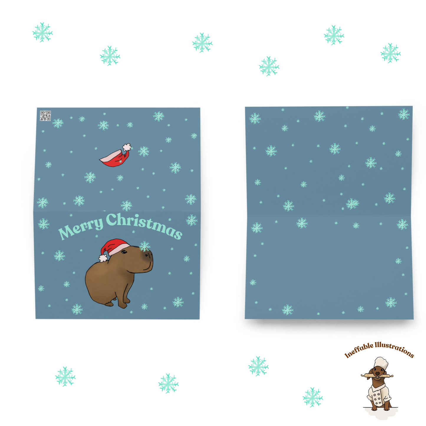 Capybara Christmas Greeting Card | Capybara Jolly Playing with Snowflakes | Cute Holiday Card for Winter Greetings