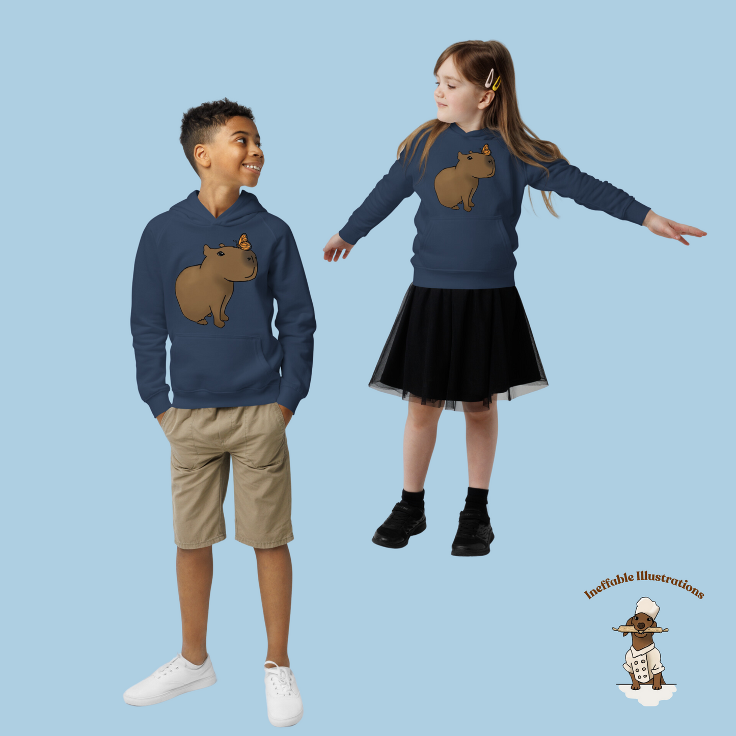 Kids Eco Hoodie with Capybara Jolly and Butterfly Design Drawn by Hand | Comfortable Organic Cotton Sweatshirt for Boys and Girls - Ineffable Illustrations
