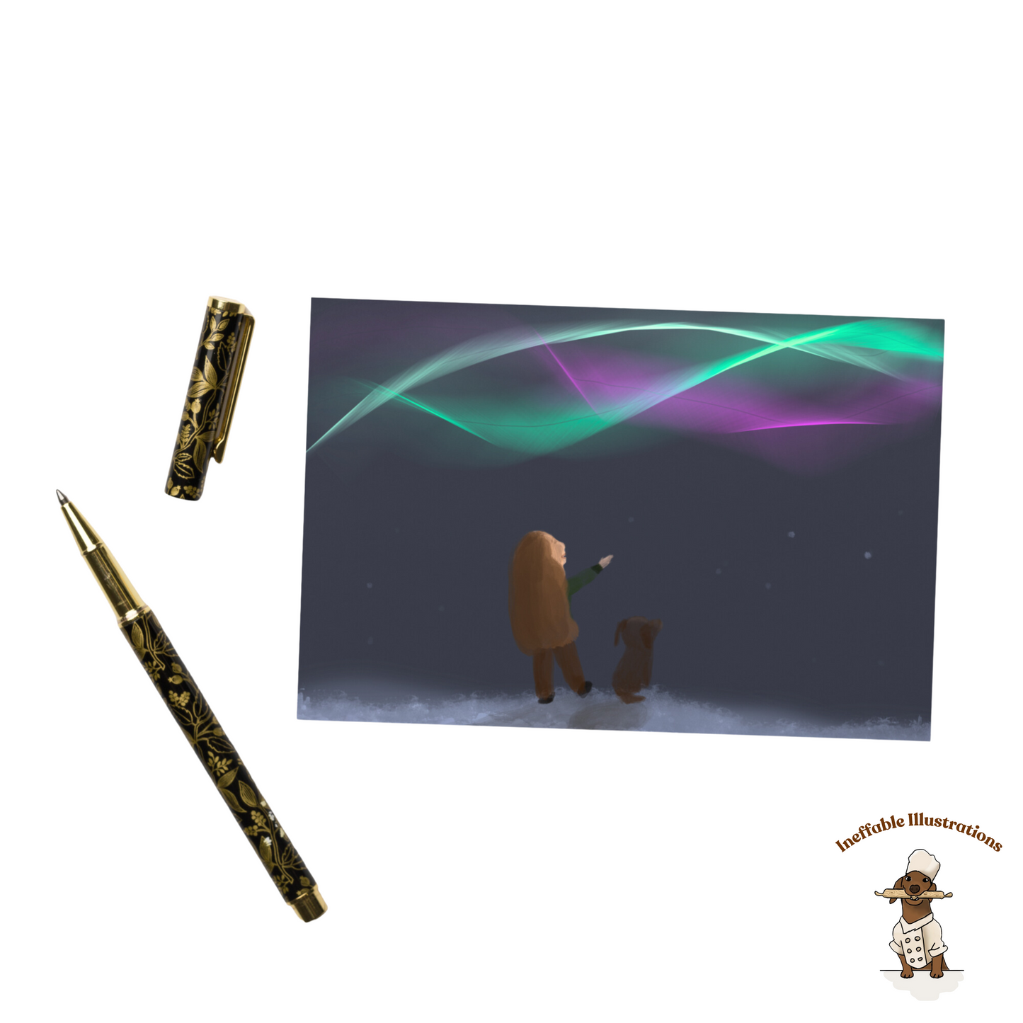 Winter Magic Greeting Card | Little Girl Molly & Dachshund Oliver Watching Northern Lights | Cozy Holiday Gift, Hand-Drawn Design - Ineffable Illustrations