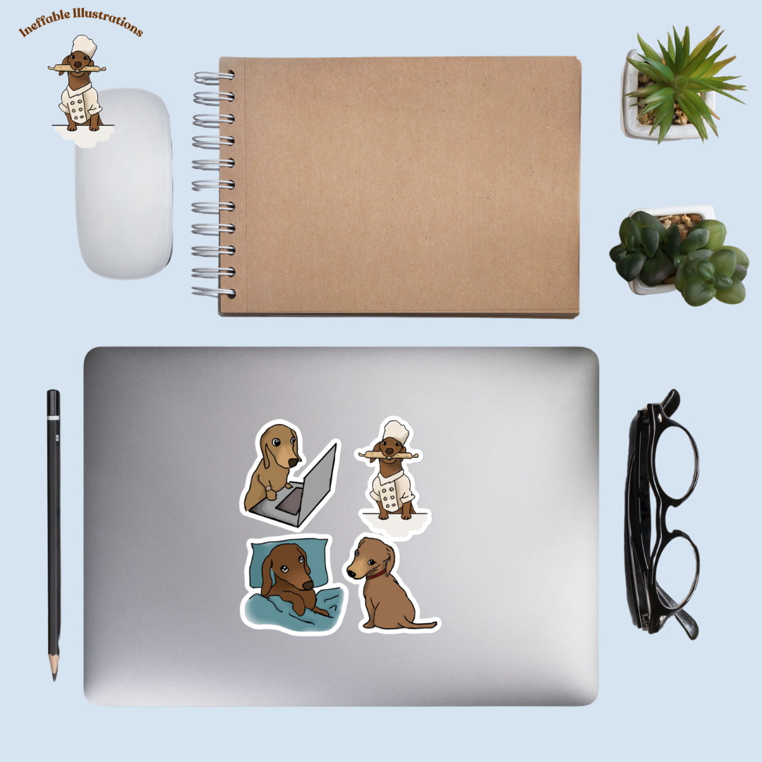 Stickers. Dachshund Stickers Set of 4 - Oliver Cooking, Resting, Working on Computer & Waiting for Owner - Bubble-Free Decals - Ineffable Illustrations