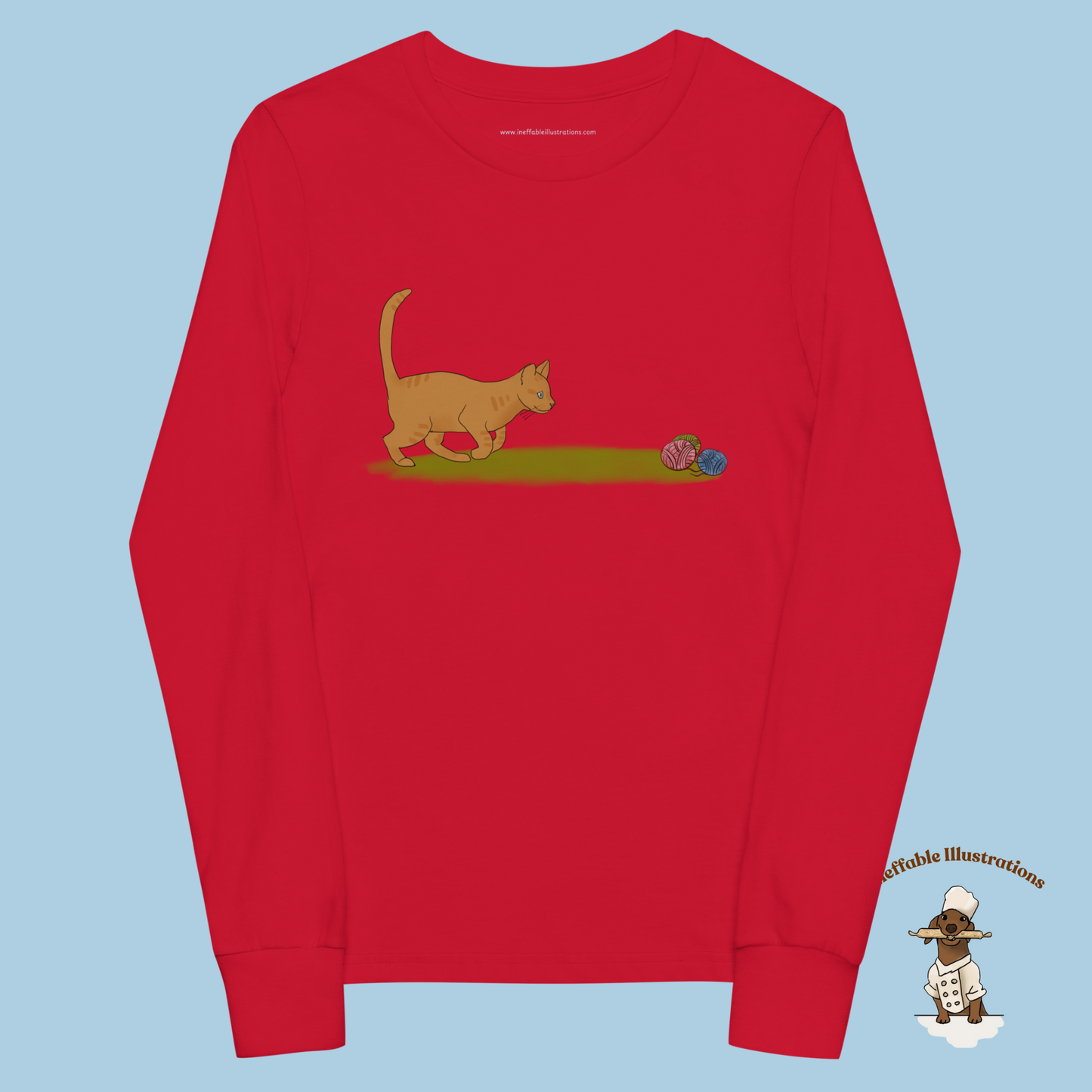 Cute Ginger Cat Long Sleeve Tee for Kids, Adorable Youth Shirt, Playful Cat Design, Perfect Gift for Cat Lovers & Kids - Ineffable Illustrations