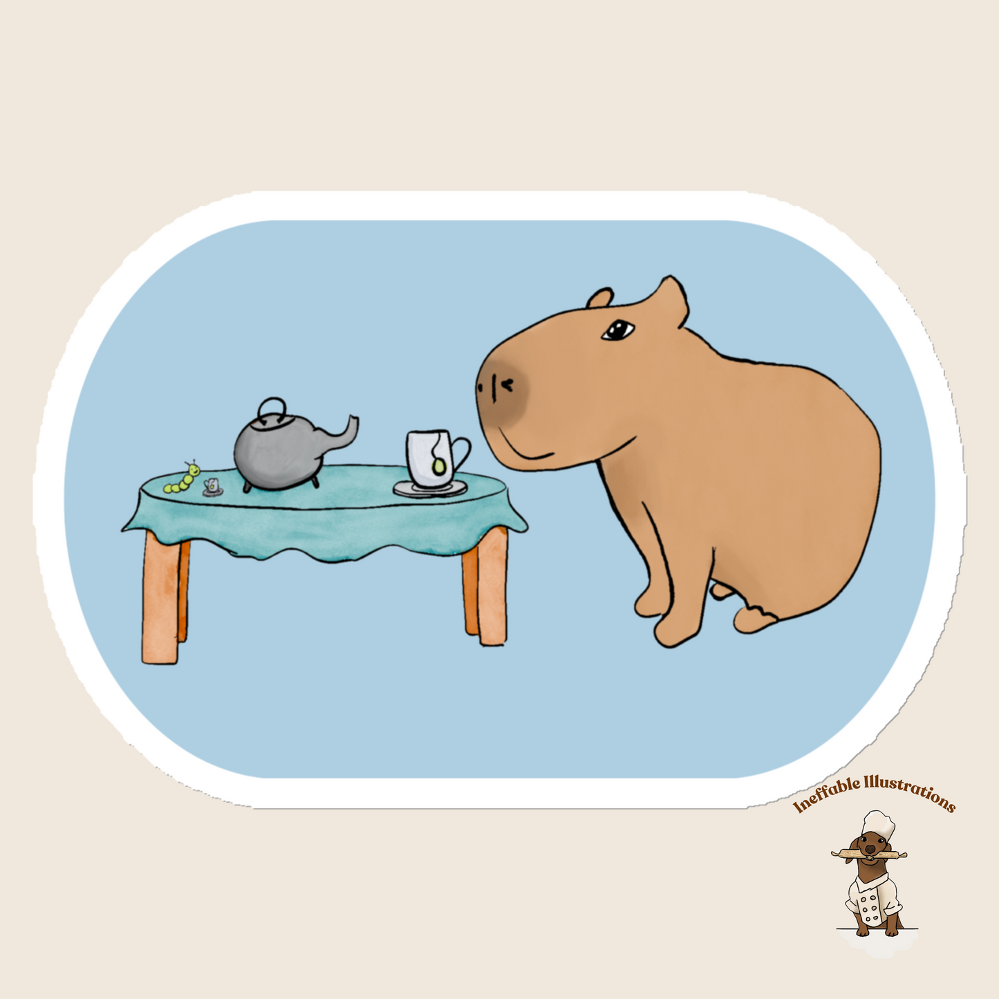Magnet: Cute Capybara Jolly Drinking Tea with Caterpillar – Whimsical Animal Fridge Decoration Gift - Ineffable Illustrations