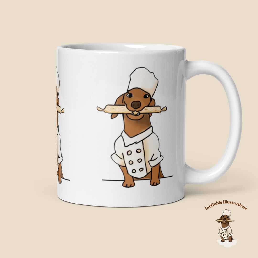 Mug "Oliver cooking". Sausage Dog Chef Mug, Cute White Glossy Coffee Cup, Adorable Dachshund Gift, Dog Lover's Kitchen Decor & Accessories