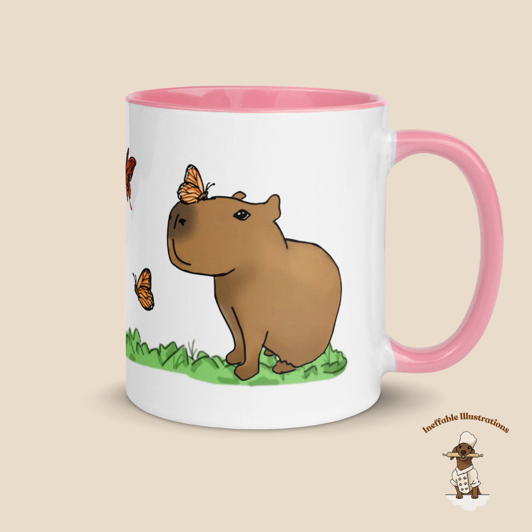 Mug "Jolly playing with butterflies". Hand-drawn Capybaras and Butterflies Ceramic Mug - Colorful and Charming!