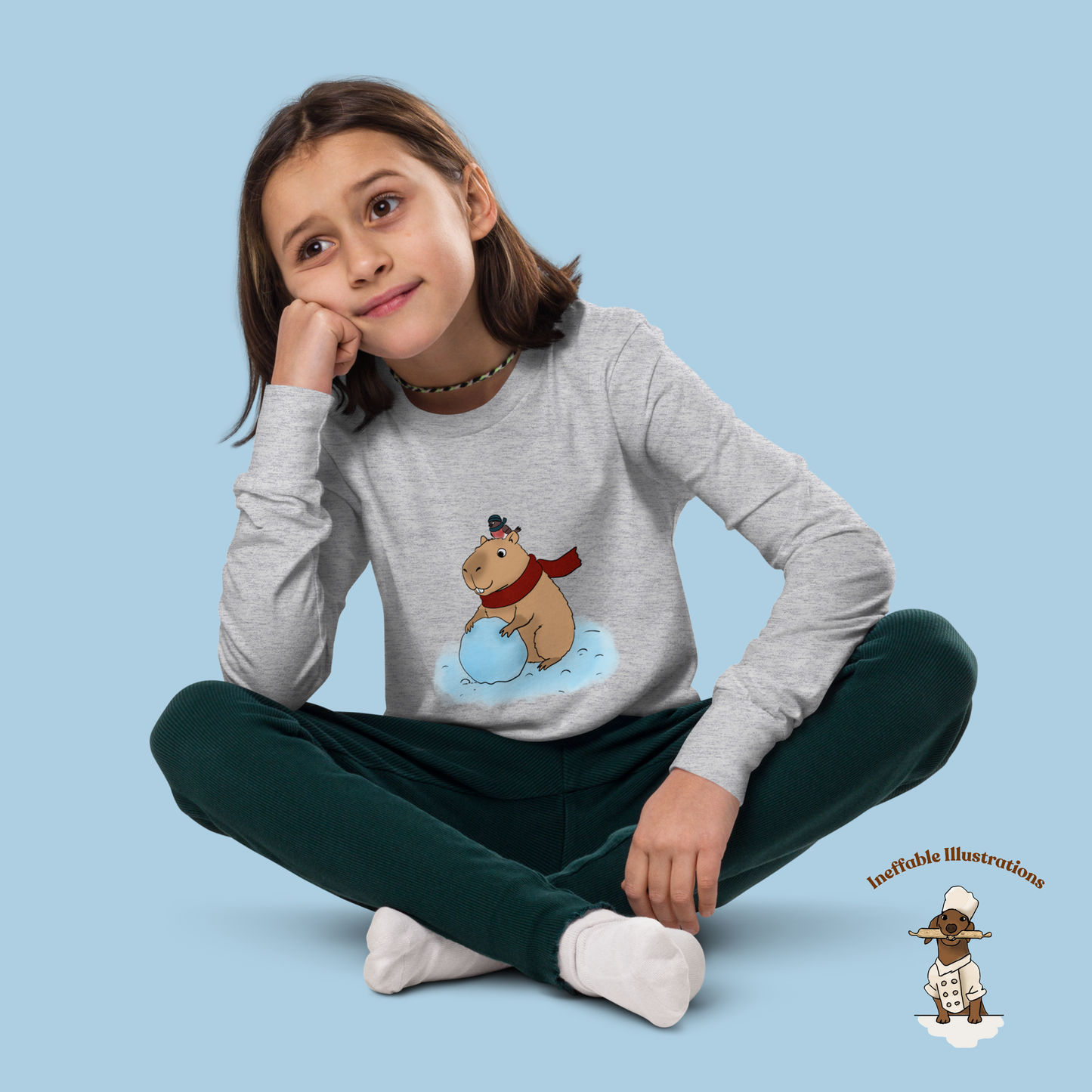 Jolly Capybara Christmas Youth Long Sleeve Tee - Festive Winter Snowman Design