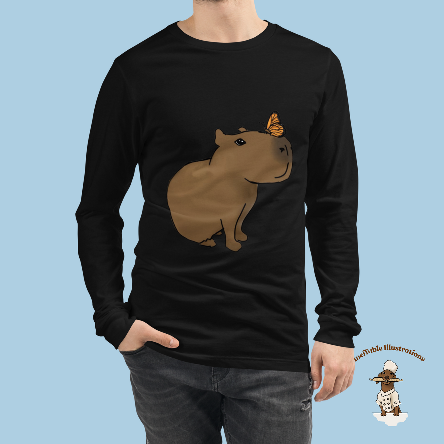 Shirt. Unisex Long Sleeve Shirt with cute Capybara Jolly with butterfly illustration, drawn by hand. Capybara shirt