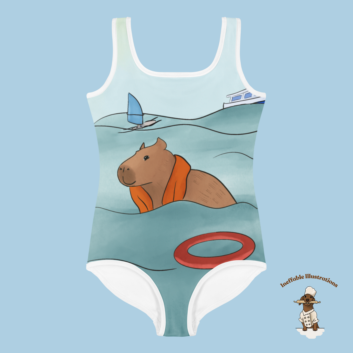 Kids Swimsuit with Cute Hand Drawn Capybara Jolly Enjoying Summer In The Sea Design, Toddler Bathing Suit, Beachwear for Girls