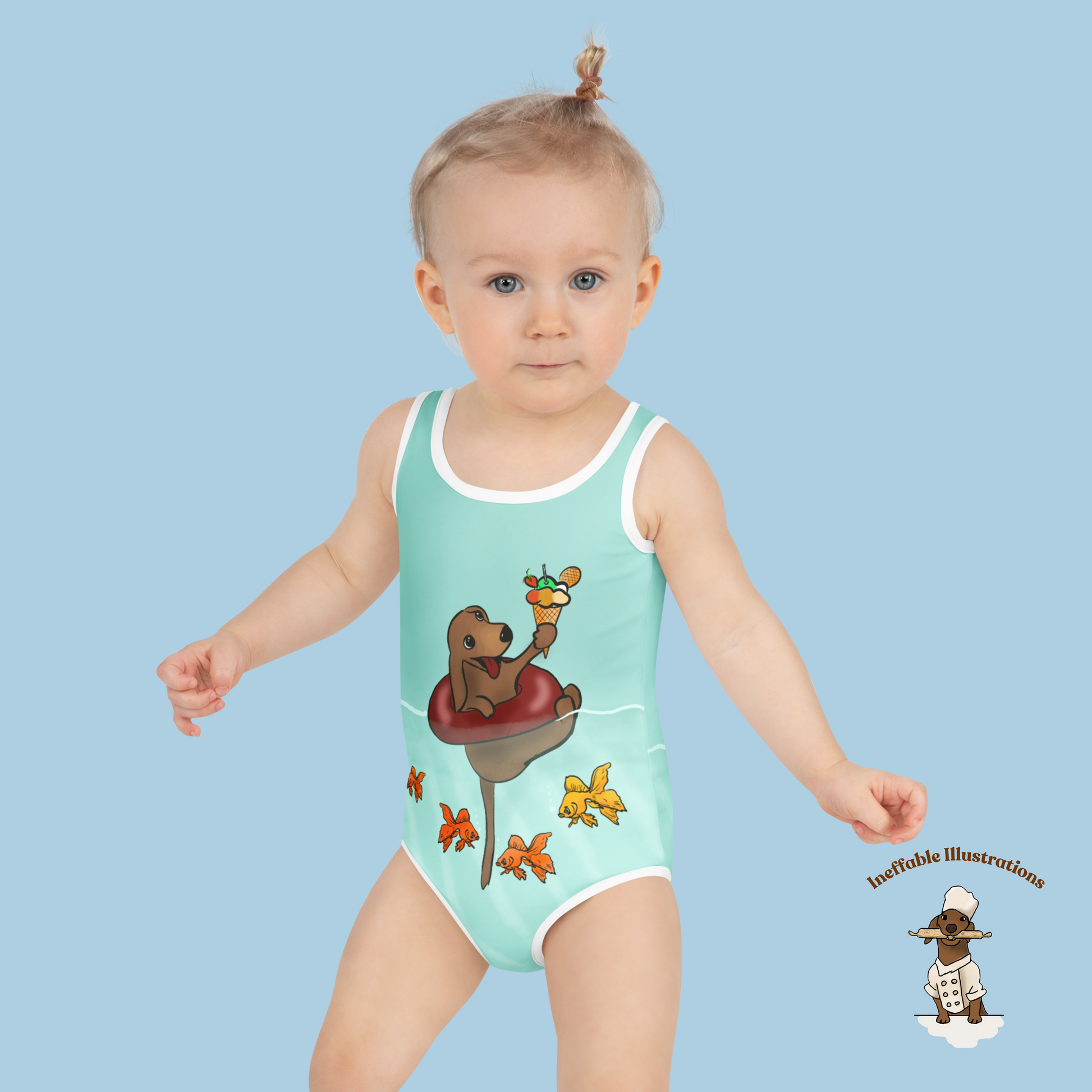 Kids Swimsuit Cute Dachshund Oliver Floating in Sea with Ice Cream & Small Fishes Underwater Beachwear - Ineffable Illustrations