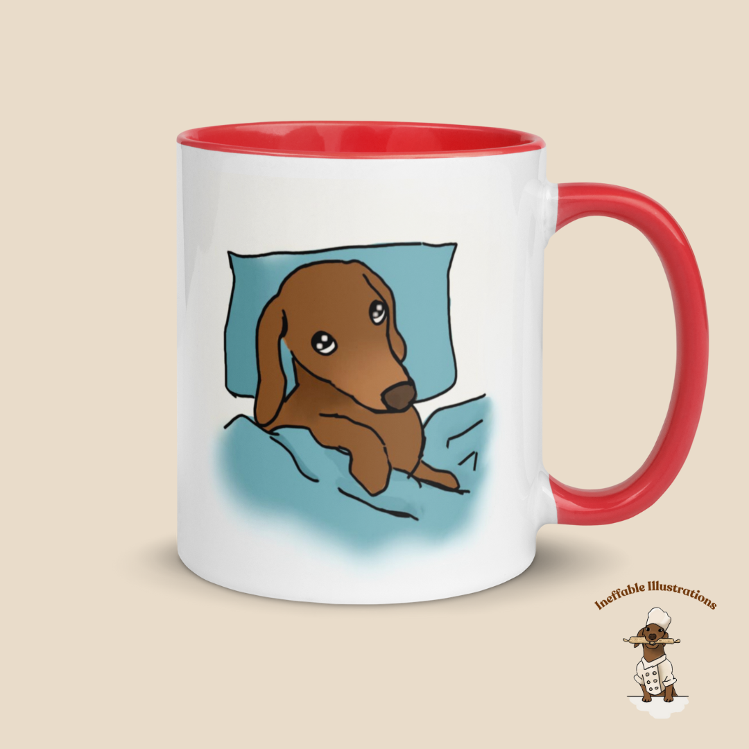 Mug "Sleepy Oliver". Dachshund Mug with Color Inside - Hand-Illustrated Cute Dog Design by Teen Artist, Unique Gift for Dog Lovers & Pet Owners