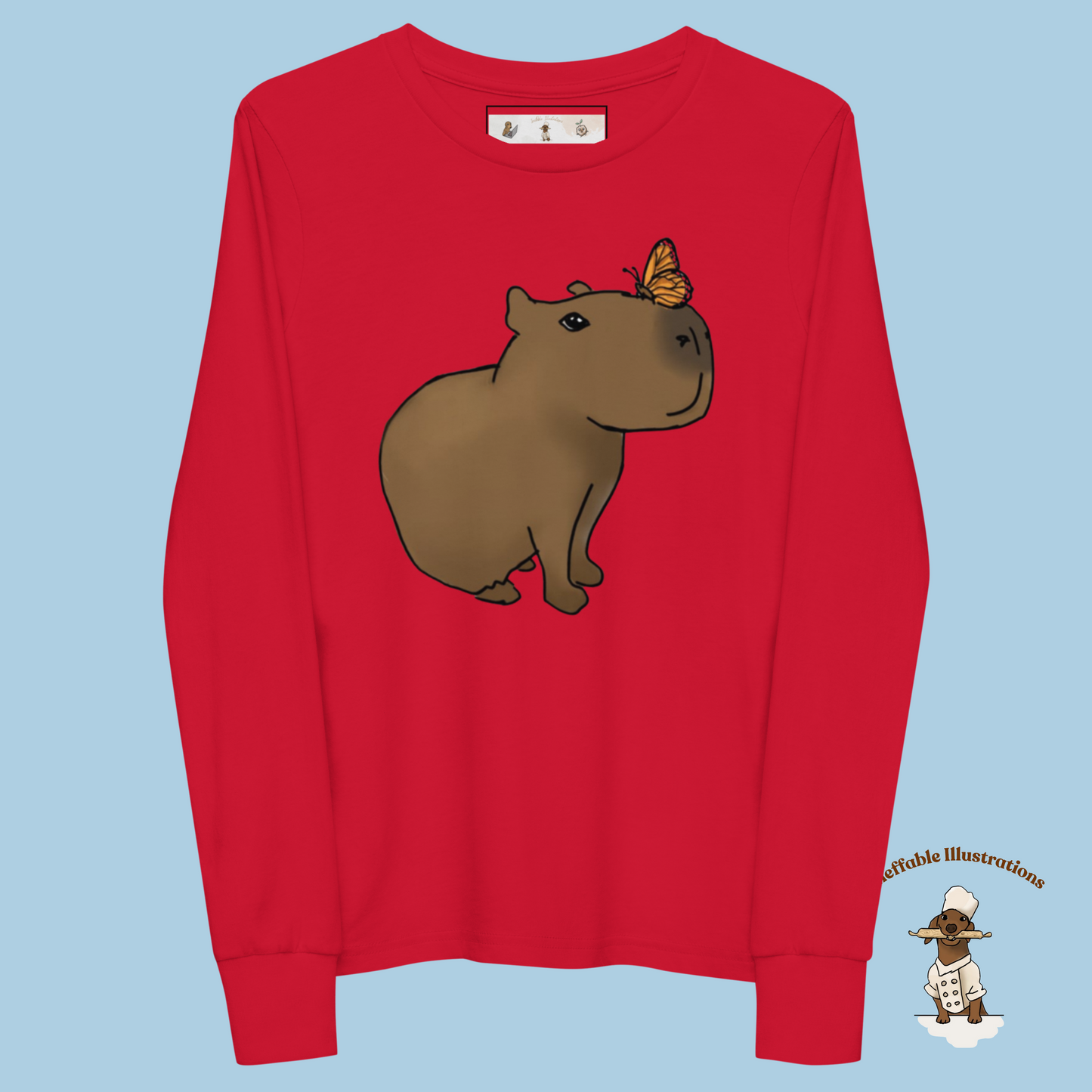 Kid Shirt. Cute Youth Long Sleeve Capybara Jolly Shirt, Handcrafted Design by Teen, Soft Airlume Cotton