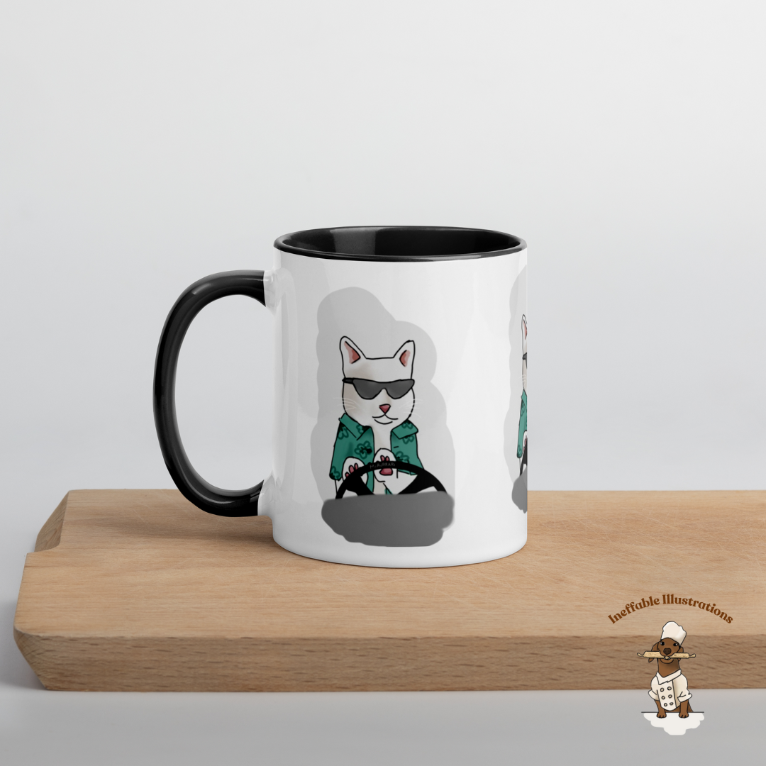 Mug "Ralph driving his luxury car Miaurrari". Cat Driving Car Mug | Funny Illustrated Coffee Cup with Color Inside | Hand-Drawn Design for Cat Lovers | Unique Gift Idea