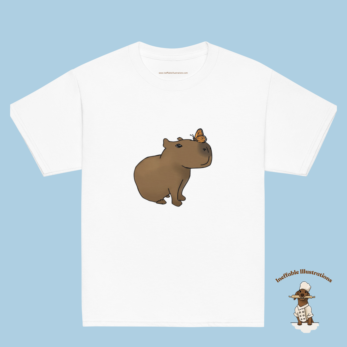 Youth Classic Tee with Hand Drawn Cute Capybara Jolly with Butterfly Shirt Kids Animal Graphic Top - Ineffable Illustrations