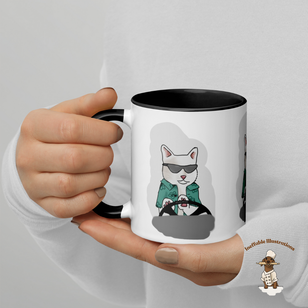 Mug "Ralph driving his luxury car Miaurrari". Cat Driving Car Mug | Funny Illustrated Coffee Cup with Color Inside | Hand-Drawn Design for Cat Lovers | Unique Gift Idea