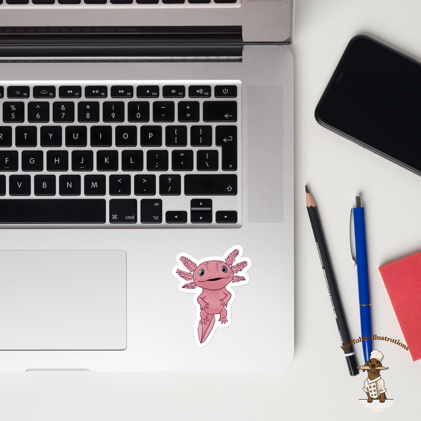 Cute Axolotl Alex Stickers Bubble-Free Durable Decals for Laptop, Water Bottle & Scrapbooking, Adorable Aquatic Animal Decor - Ineffable Illustrations