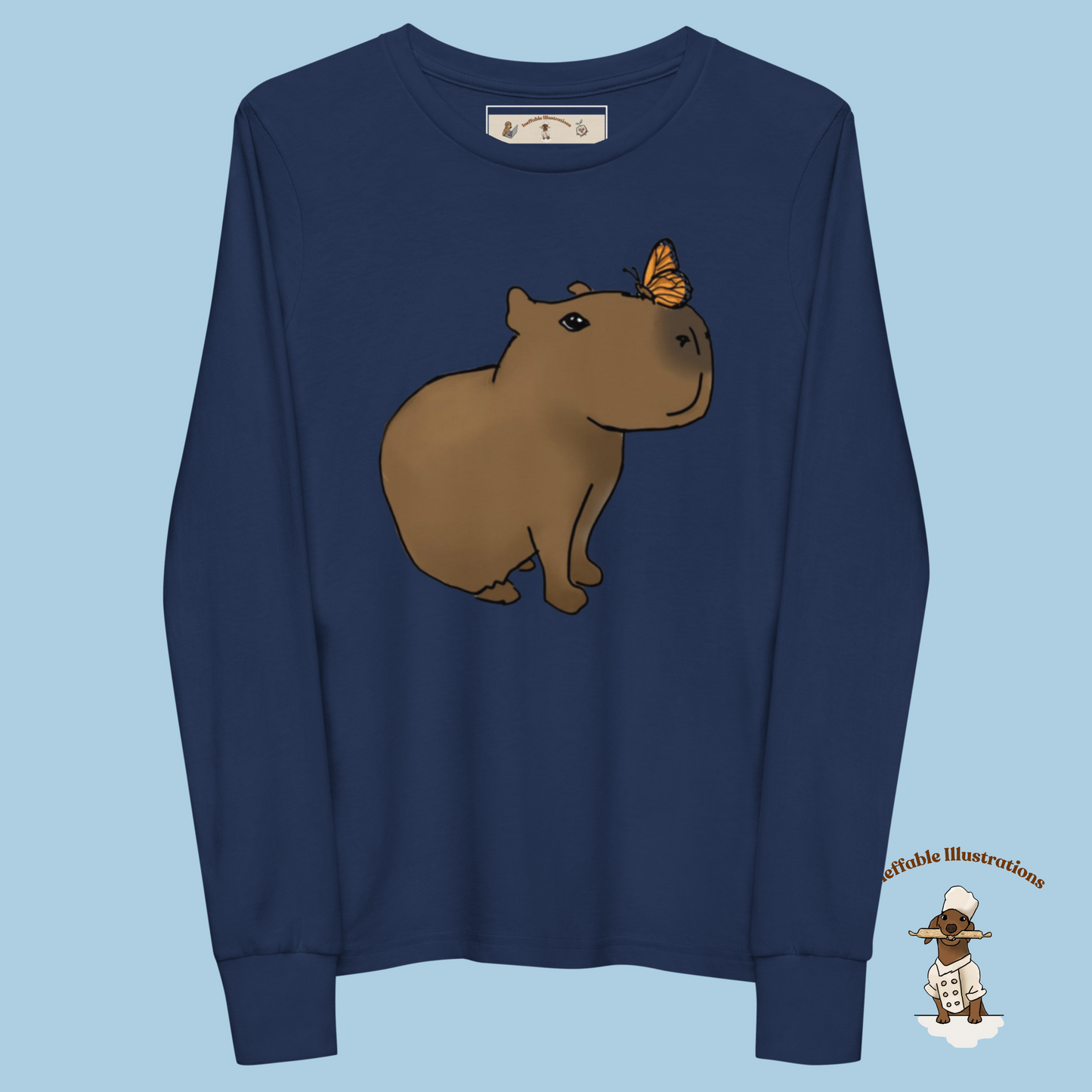 Kid Shirt. Cute Youth Long Sleeve Capybara Jolly Shirt, Handcrafted Design by Teen, Soft Airlume Cotton