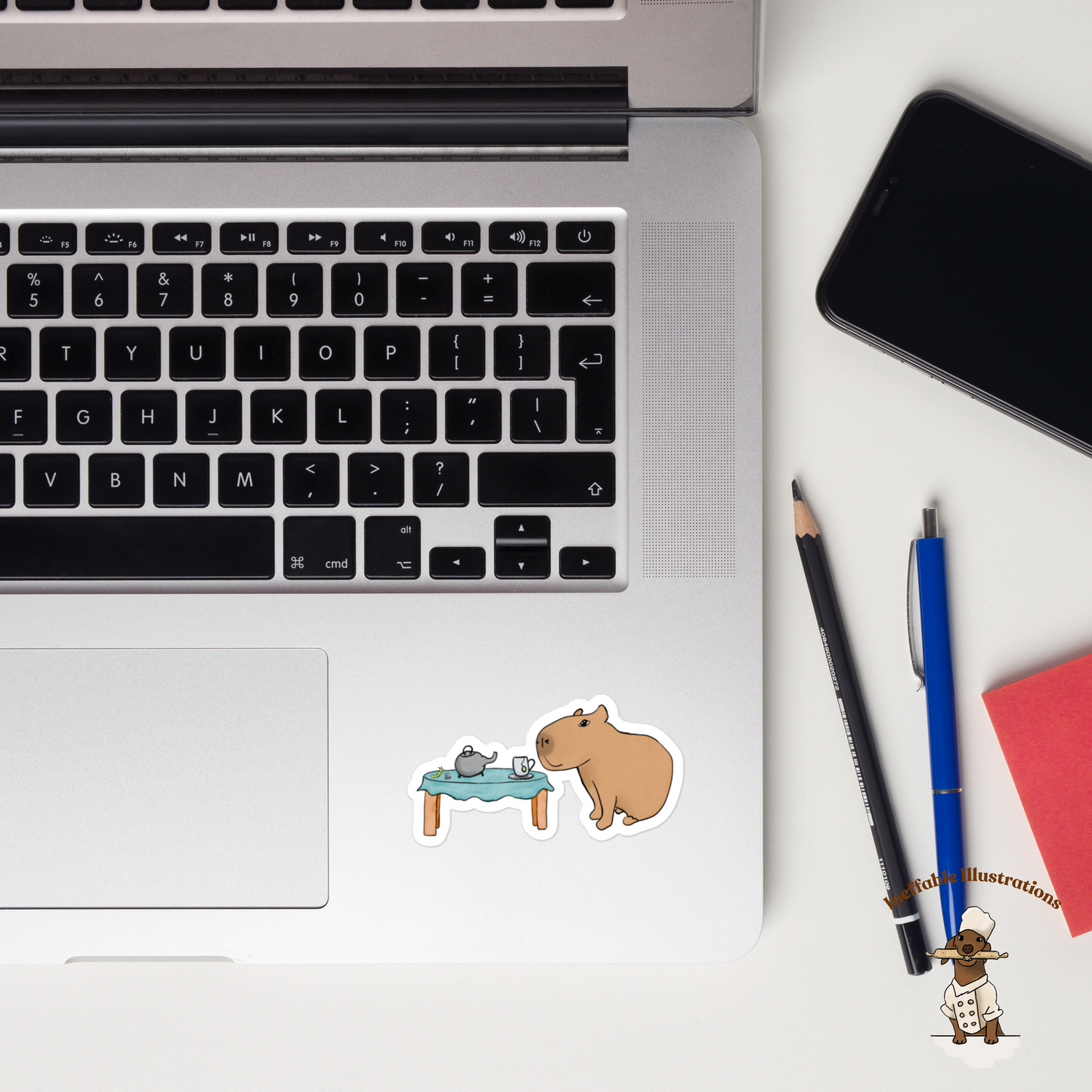Bubble Free Sticker: Capybara  Drinking Tea with Caterpillar, Cute Animal Decals for Laptops & Journals