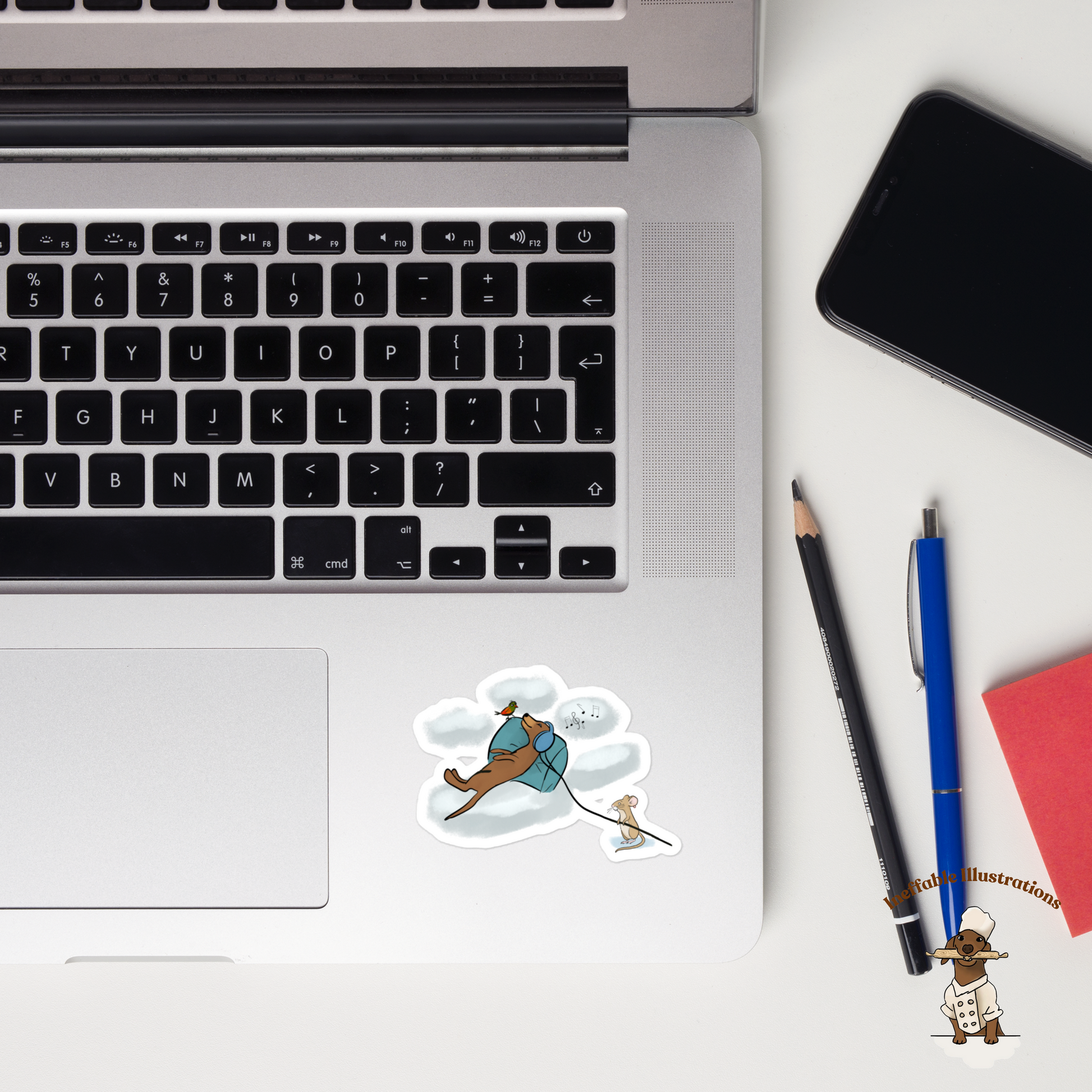 Dachshund Oliver & Mouse Pedro Bubble-Free Stickers, Cute Music and Clouds Design, Durable Vinyl Decals for Laptops and Water Bottles - Ineffable Illustrations