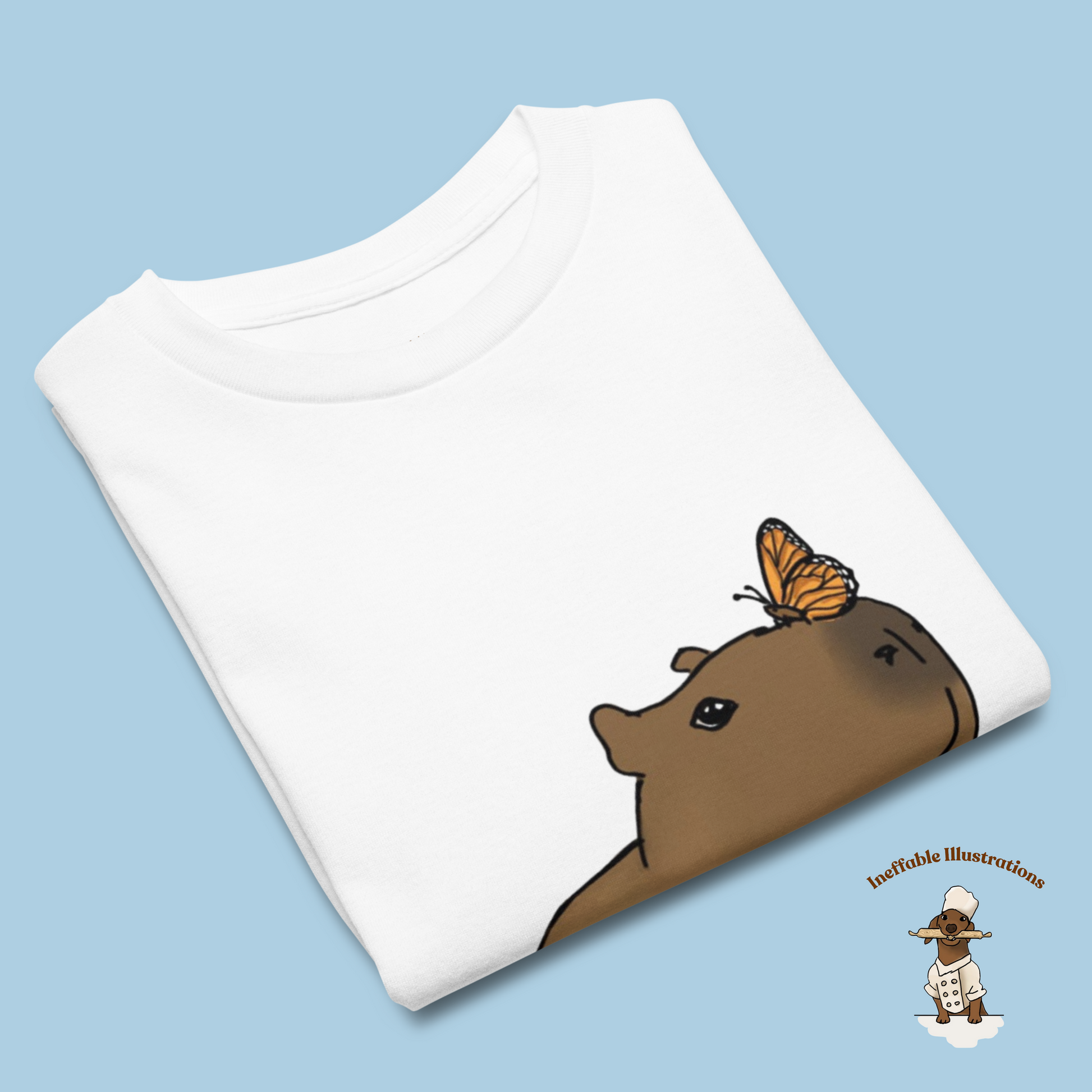 Youth Classic Tee with Hand Drawn Cute Capybara Jolly with Butterfly Shirt Kids Animal Graphic Top - Ineffable Illustrations
