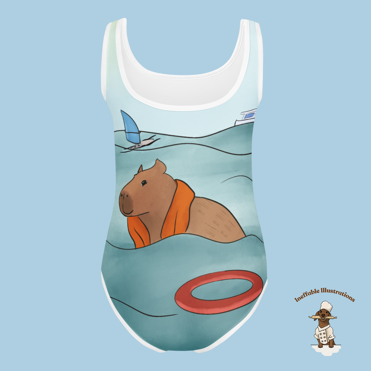 Kids Swimsuit with Cute Hand Drawn Capybara Jolly Enjoying Summer In The Sea Design, Toddler Bathing Suit, Beachwear for Girls