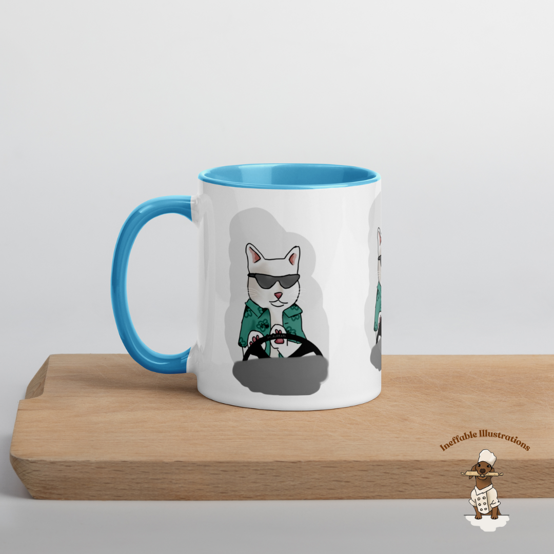 Mug "Ralph driving his luxury car Miaurrari". Cat Driving Car Mug | Funny Illustrated Coffee Cup with Color Inside | Hand-Drawn Design for Cat Lovers | Unique Gift Idea