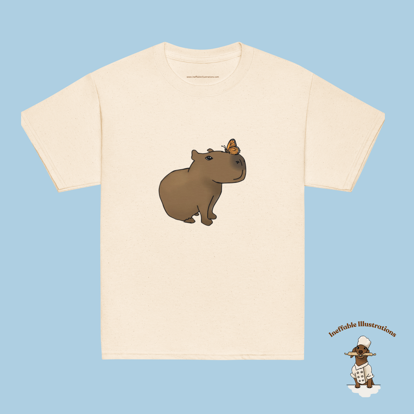Youth Classic Tee with Hand Drawn Cute Capybara Jolly with Butterfly Shirt Kids Animal Graphic Top - Ineffable Illustrations