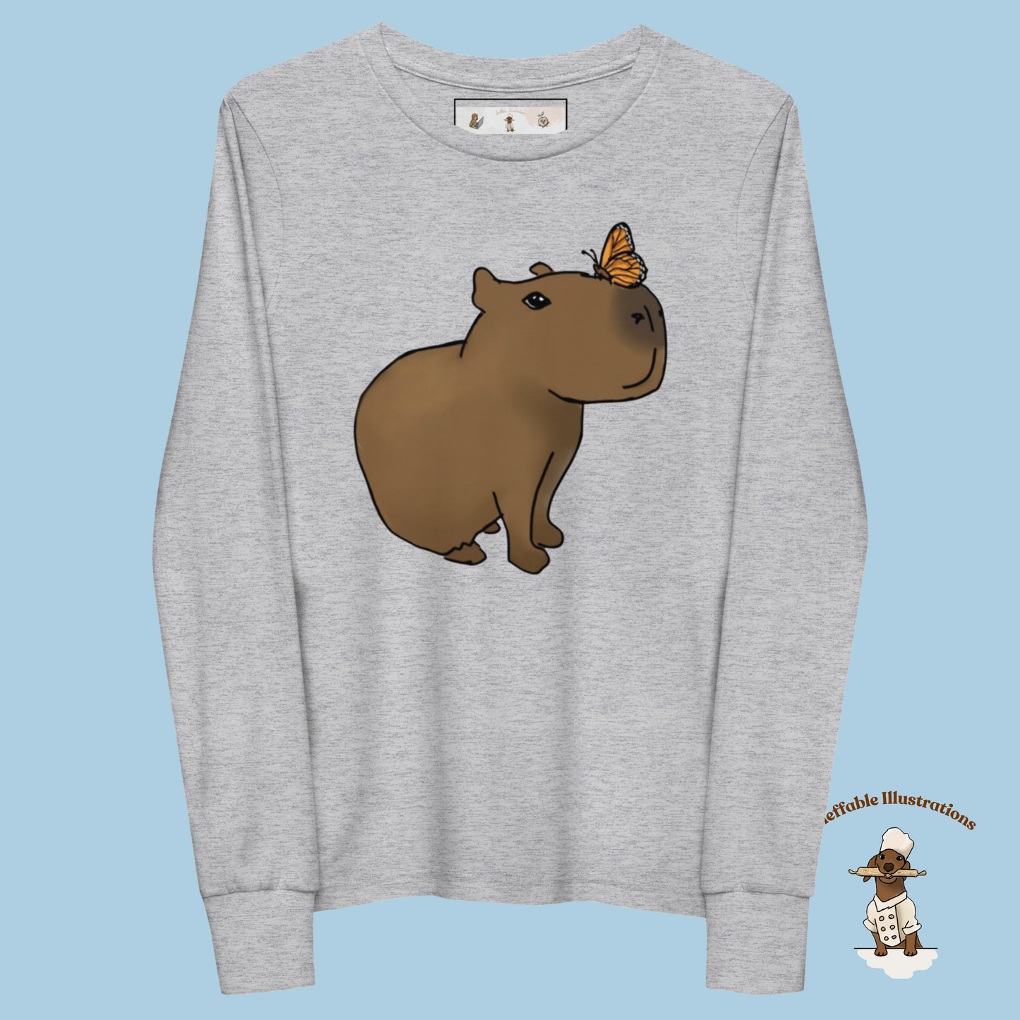 Kid Shirt. Cute Youth Long Sleeve Capybara Jolly Shirt, Handcrafted Design by Teen, Soft Airlume Cotton