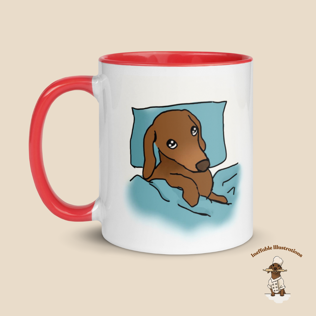 Mug "Sleepy Oliver". Dachshund Mug with Color Inside - Hand-Illustrated Cute Dog Design by Teen Artist, Unique Gift for Dog Lovers & Pet Owners