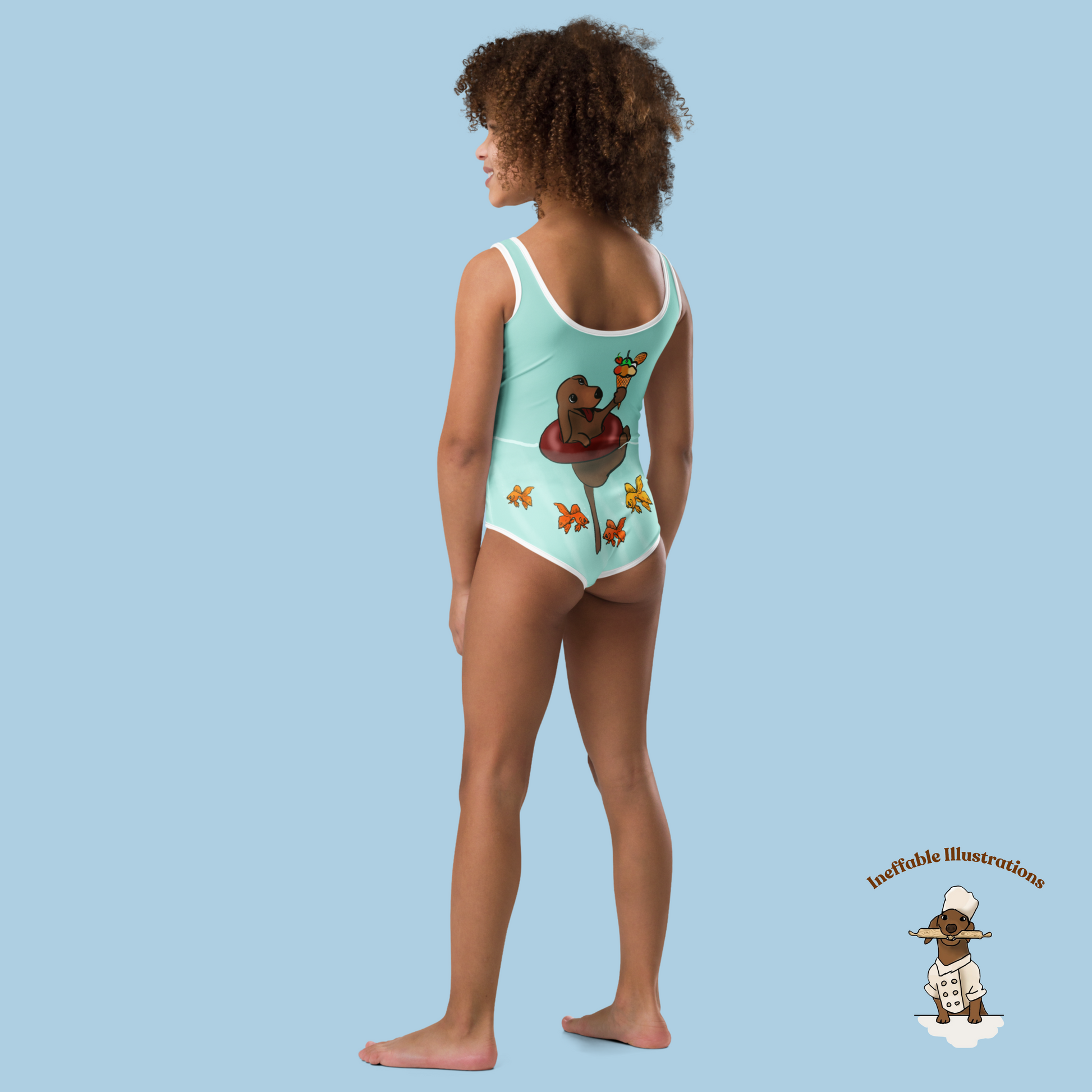 Kids Swimsuit Cute Dachshund Oliver Floating in Sea with Ice Cream & Small Fishes Underwater Beachwear - Ineffable Illustrations