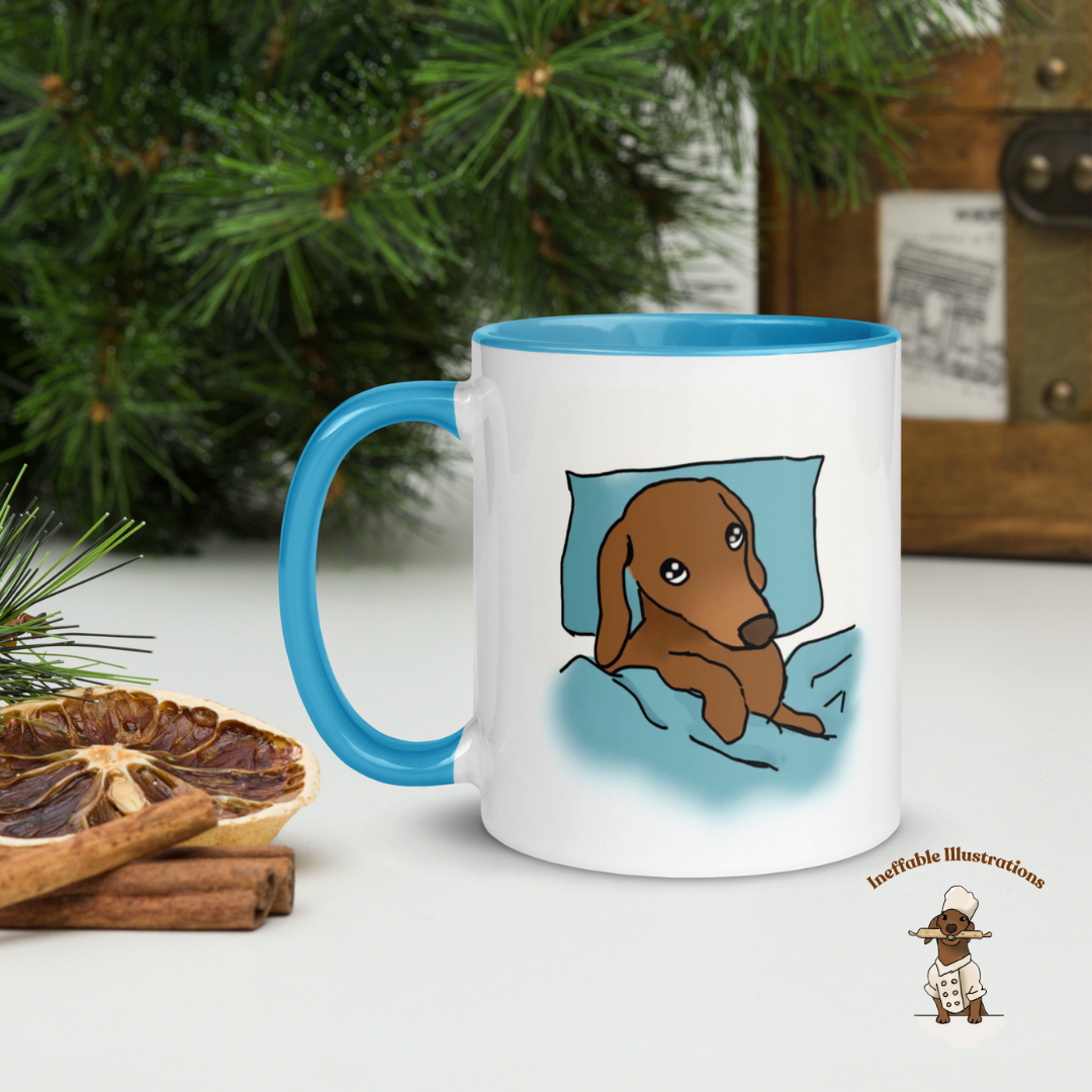 Mug "Sleepy Oliver". Dachshund Mug with Color Inside - Hand-Illustrated Cute Dog Design by Teen Artist, Unique Gift for Dog Lovers & Pet Owners