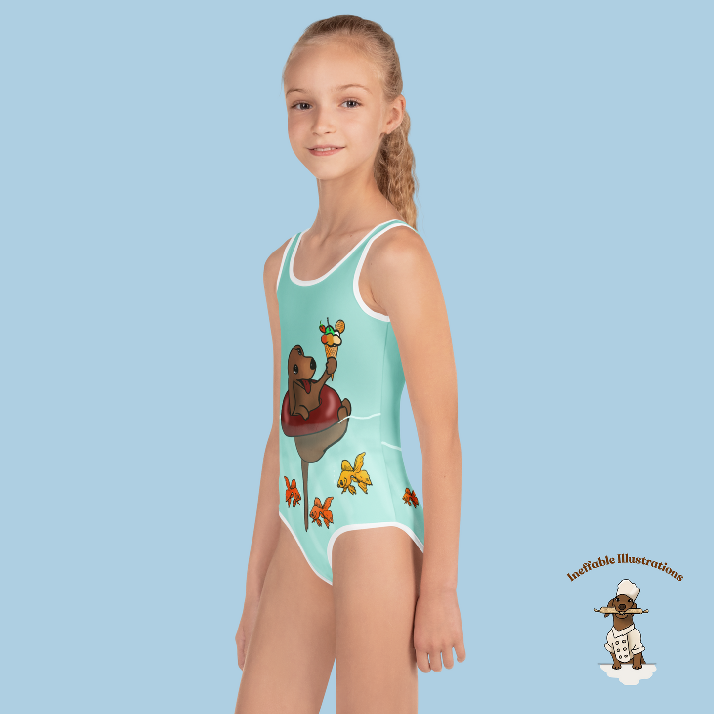 Kids Swimsuit Cute Dachshund Oliver Floating in Sea with Ice Cream & Small Fishes Underwater Beachwear - Ineffable Illustrations